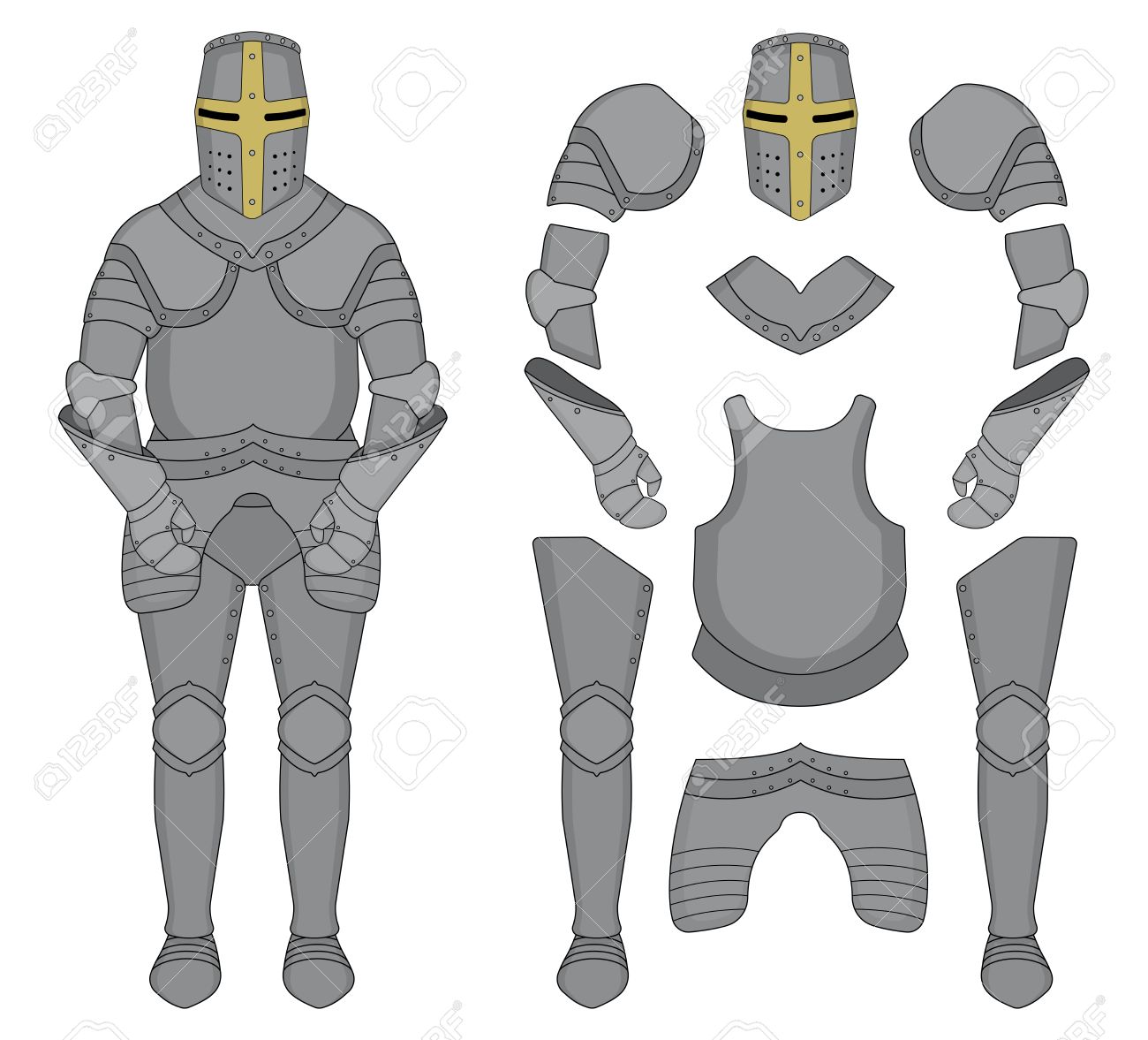 Medieval templar knight armor set. Helmet, shoulders, gloves, breastplate, leggings. Color clip art vector illustration isolated on white - 40557278 Medieval templar knight armor set. Helmet, shoulders, gloves, breastplate, leggings. Color clip art vector illustration isolated on white - 40557278