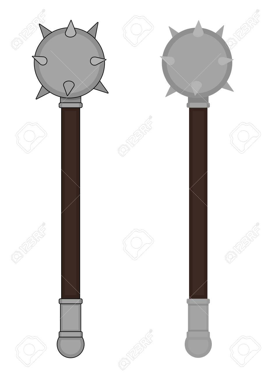 中世騎士鋼戦士ウッド ハンドル スパイク メイス カラー クリップ アートのベクトル図白で隔離 輪郭 ない輪郭のイラスト素材 ベクタ Image