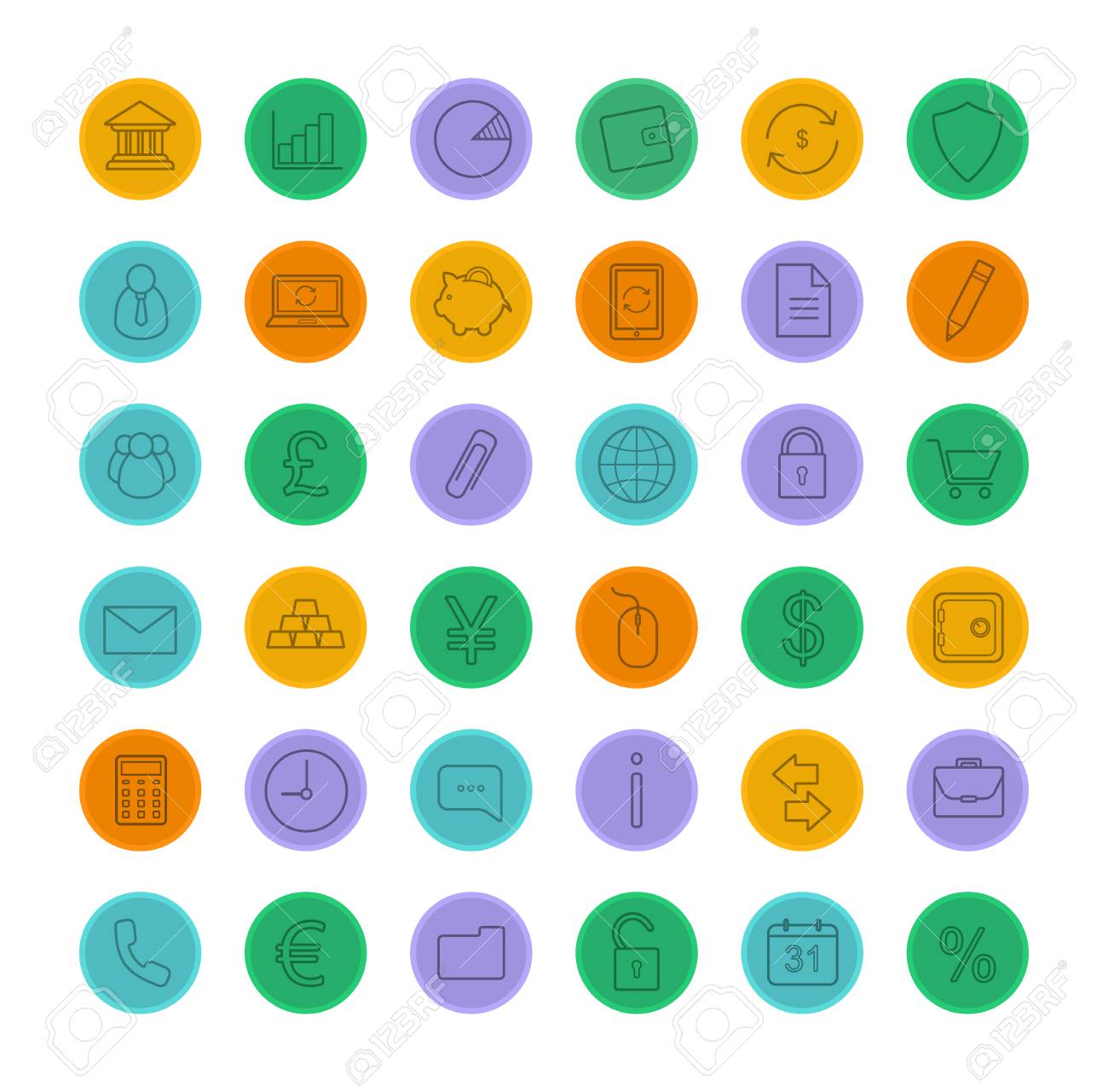 금융 및 금융 컬러 선형 아이콘을 설정합니다. 화이트 절연 동그라미에서 벡터 라인 아트 심볼 로열티 무료 사진, 그림, 이미지 그리고  스톡포토그래피. Image 43271415