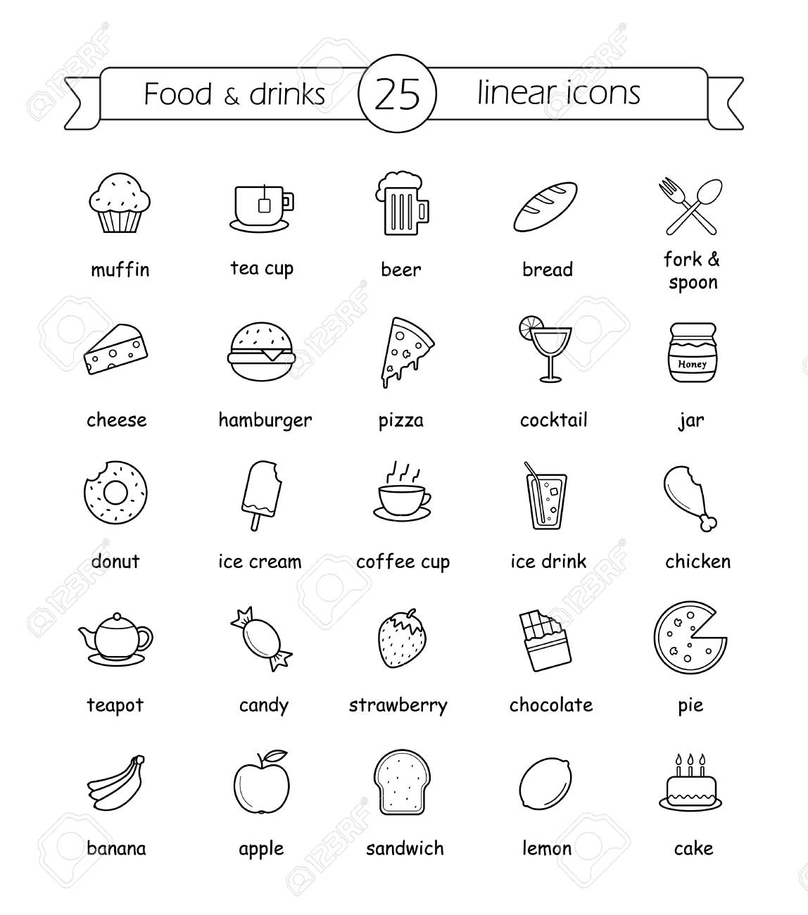 Food And Drinks Linear Icons Set With Signs Vector Line Art Illustrations Royalty Free Cliparts Vectors And Stock Illustration Image