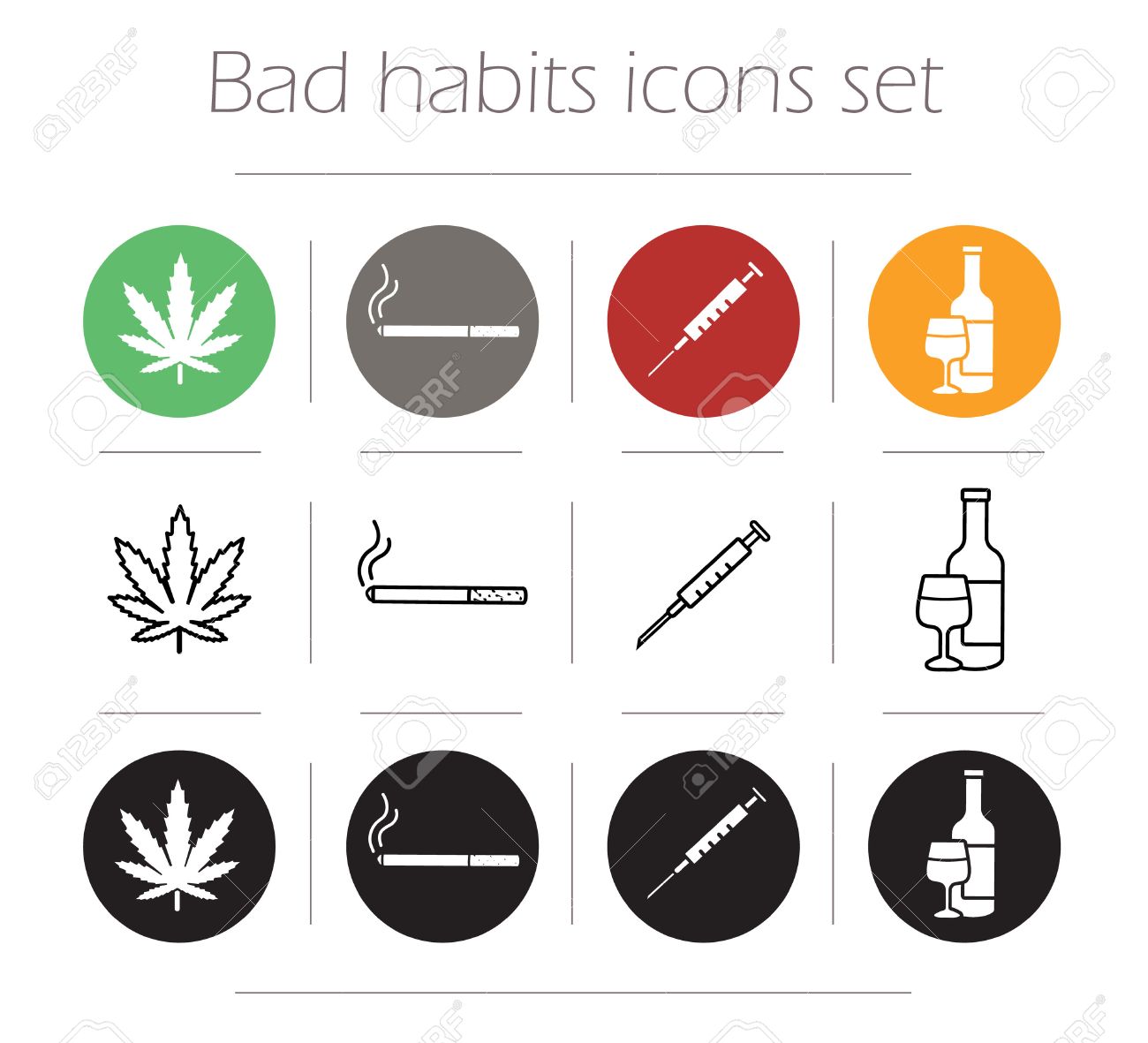 悪い癖のアイコンを設定します マリファナの葉フラット デザイン ピクトグラム 薬物注射器とタバコを吸っては ライン シンボルを輪郭します アルコール ボトル シルエット イラストです 薬物中毒のベクトル記号のイラスト素材 ベクタ Image