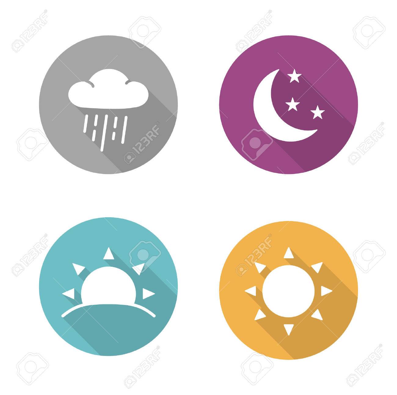 Times of day flat design icons set. Sunrise and sunshine long shadow white silhouettes illustrations. Sunny and rainy day round infographics elements with raining cloud and sun. Vector symbols - 48619594 Times of day flat design icons set. Sunrise and sunshine long shadow white silhouettes illustrations. Sunny and rainy day round infographics elements with raining cloud and sun. Vector symbols - 48619594
