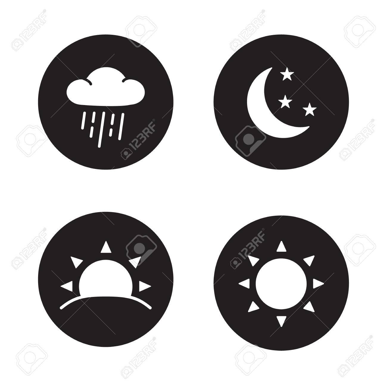 Time of day black silhouette icons. Weather forecast symbols in circles. Rain cloud and sunshine flat emblems. Sunrise and nighttime round pictograms. Day time and night time white color vector signs - 48619605 Time of day black silhouette icons. Weather forecast symbols in circles. Rain cloud and sunshine flat emblems. Sunrise and nighttime round pictograms. Day time and night time white color vector signs - 48619605