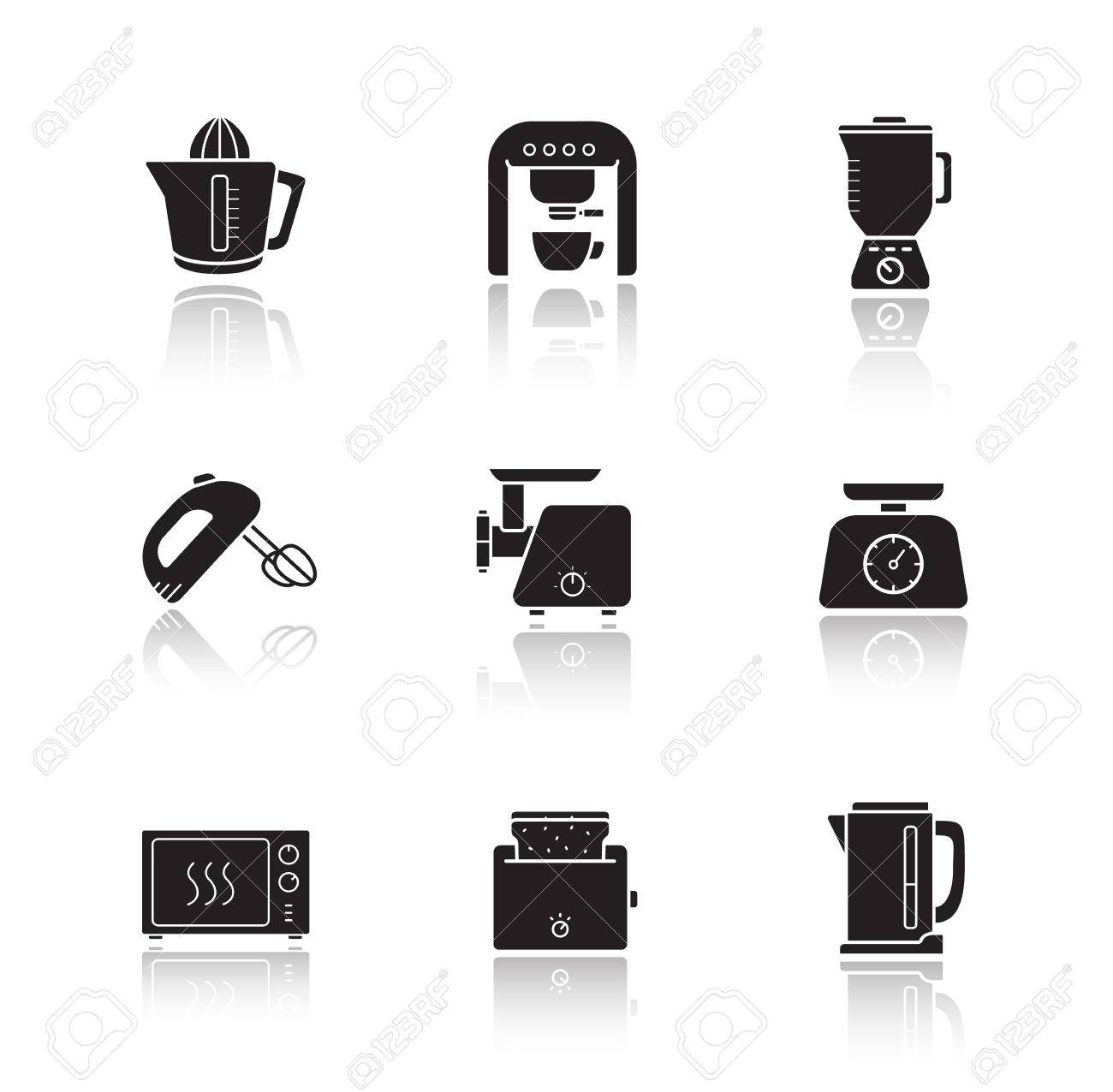 台所用家電をドロップ シャドウのアイコンを設定します 家電のキッチン アイテム 消費者の家庭用調理機器 黒いシルエットのイラストが白で隔離 ベクター インフォ グラフィックの要素 のイラスト素材 ベクタ Image