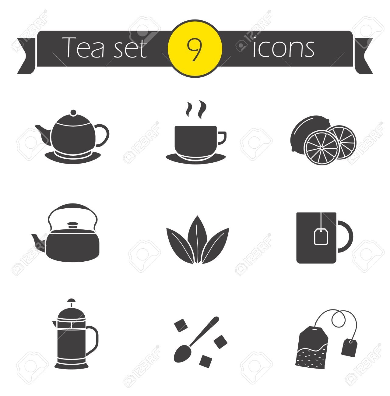 お茶シルエット アイコン セット 熱いカフェ ドリンク メニュー イラストです スライスしたレモンと黒と緑の茶 フランス語プレス ティーポット黒シンボル スプーンで砂糖の立方体 ティーバッグをぶら下げの茶碗 ベクトル のイラスト素材 ベクタ Image