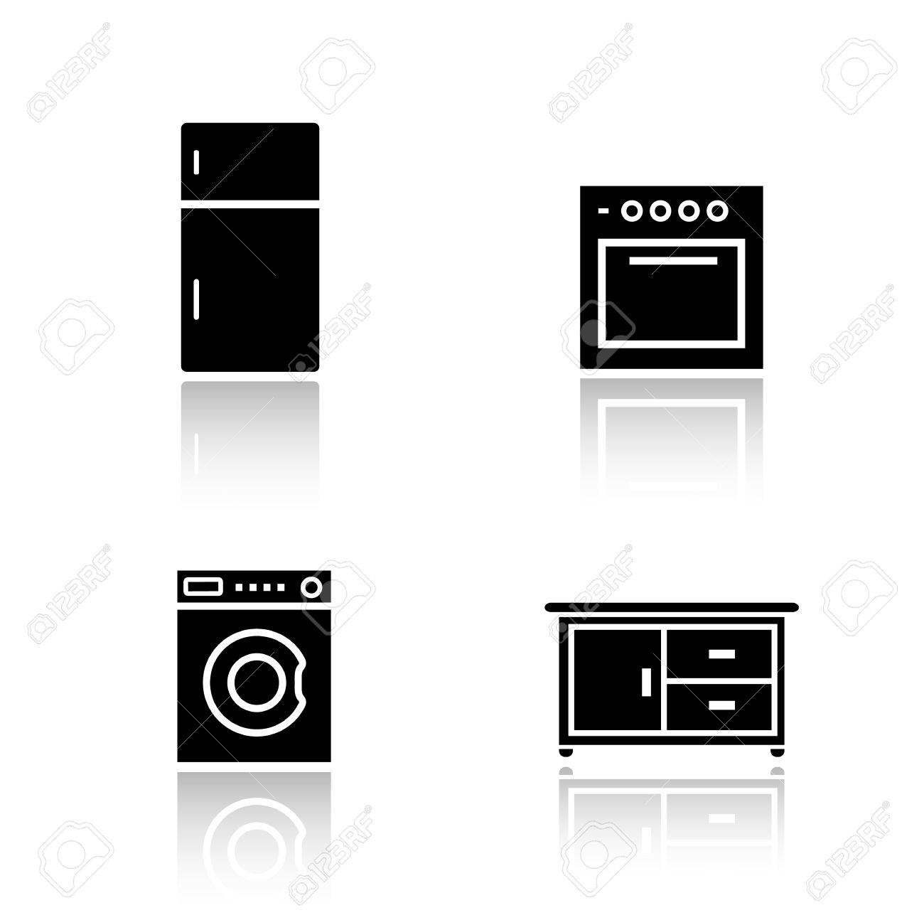 キッチン家電ドロップ シャドウのアイコンを設定します 冷蔵庫 オーブン ブラック キャスト シャドウ シルエット イラスト白で隔離 洗濯機 調理台 家庭用品 ベクター インフォ グラフィックの要素 のイラスト素材 ベクタ Image