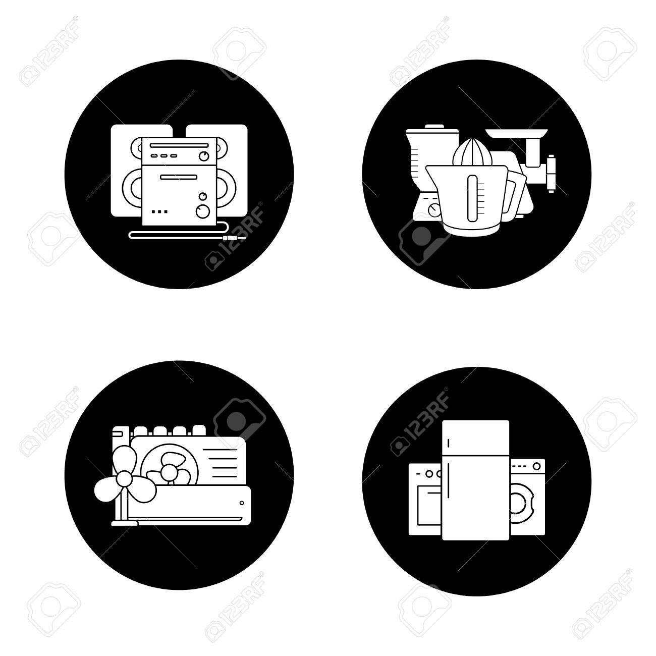 家電黒のアイコンを設定します 民生用電子機器 白物家電 キッチン アイテム サウンド システム 空調機器 白いシルエットのイラスト ロゴの概念 ベクトル のイラスト素材 ベクタ Image