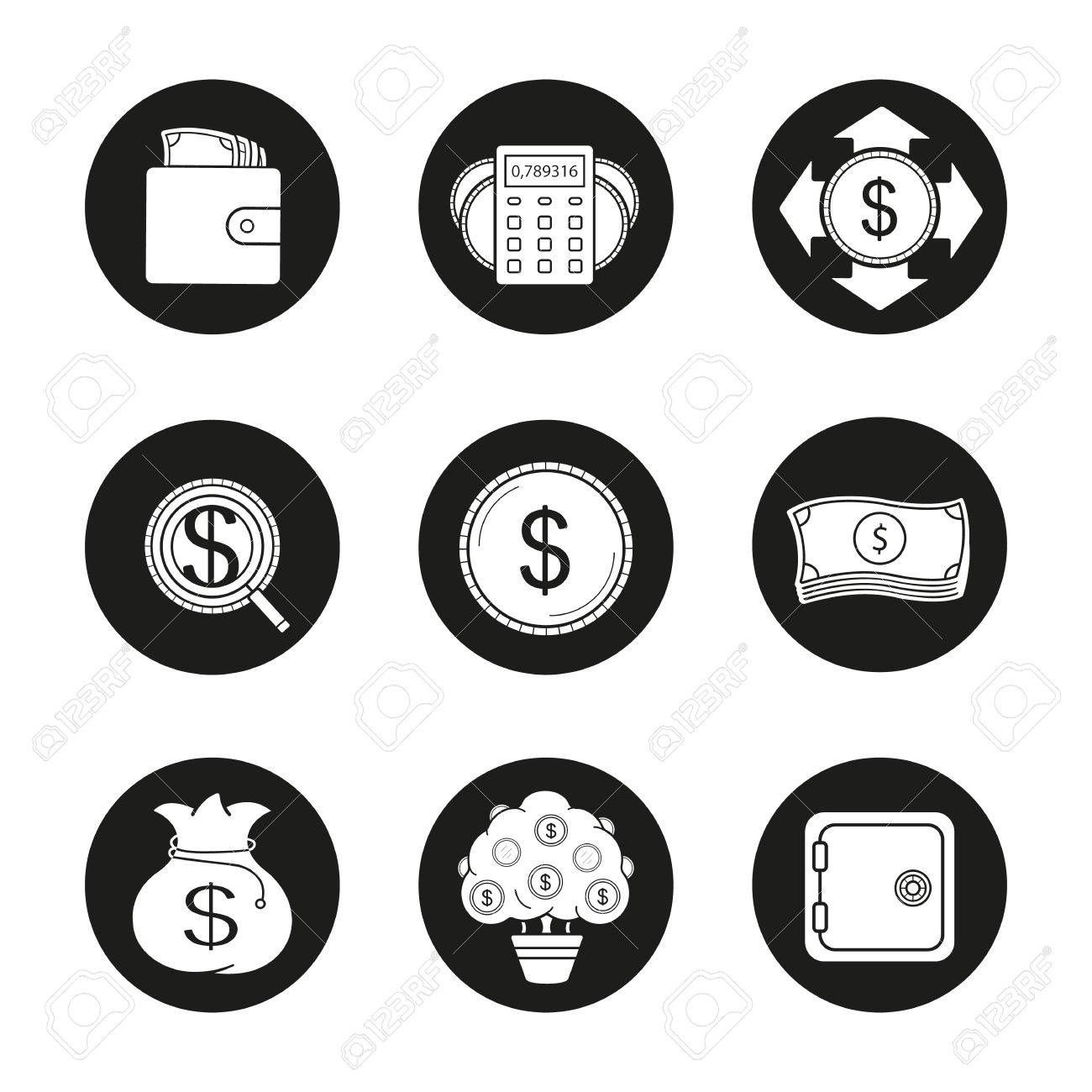 銀行 金融のアイコンを設定します 紙幣 計算 お金の支出 投資家を検索 ドルの硬貨および手形のスタック お金の袋 金のなる木と財布 黒い円に白のベクトル イラストのイラスト素材 ベクタ Image