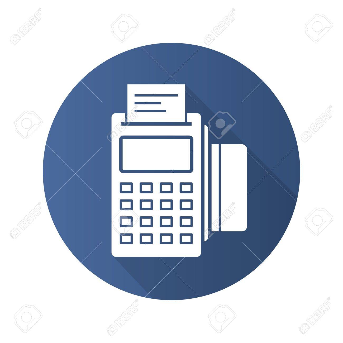 Pos 端末のフラット デザインの長い影のアイコン 決済端末チェックとクレジット カードを保存します ベクトル シルエット記号のイラスト素材 ベクタ Image