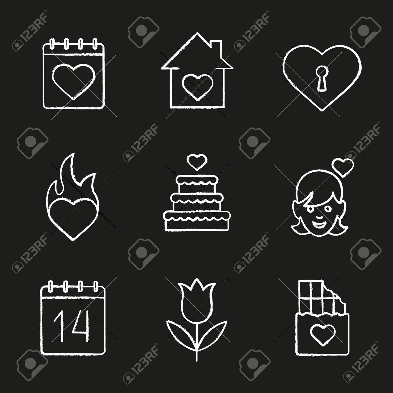バレンタインデーのチョークのアイコンを設定します 2 月 14 日のカレンダー ハウス 鍵穴 情熱 ウエディング ケーキ 心うっとりと女の子 Tupil チョコレート バー 分離ベクトル黒板のイラストのイラスト素材 ベクタ Image