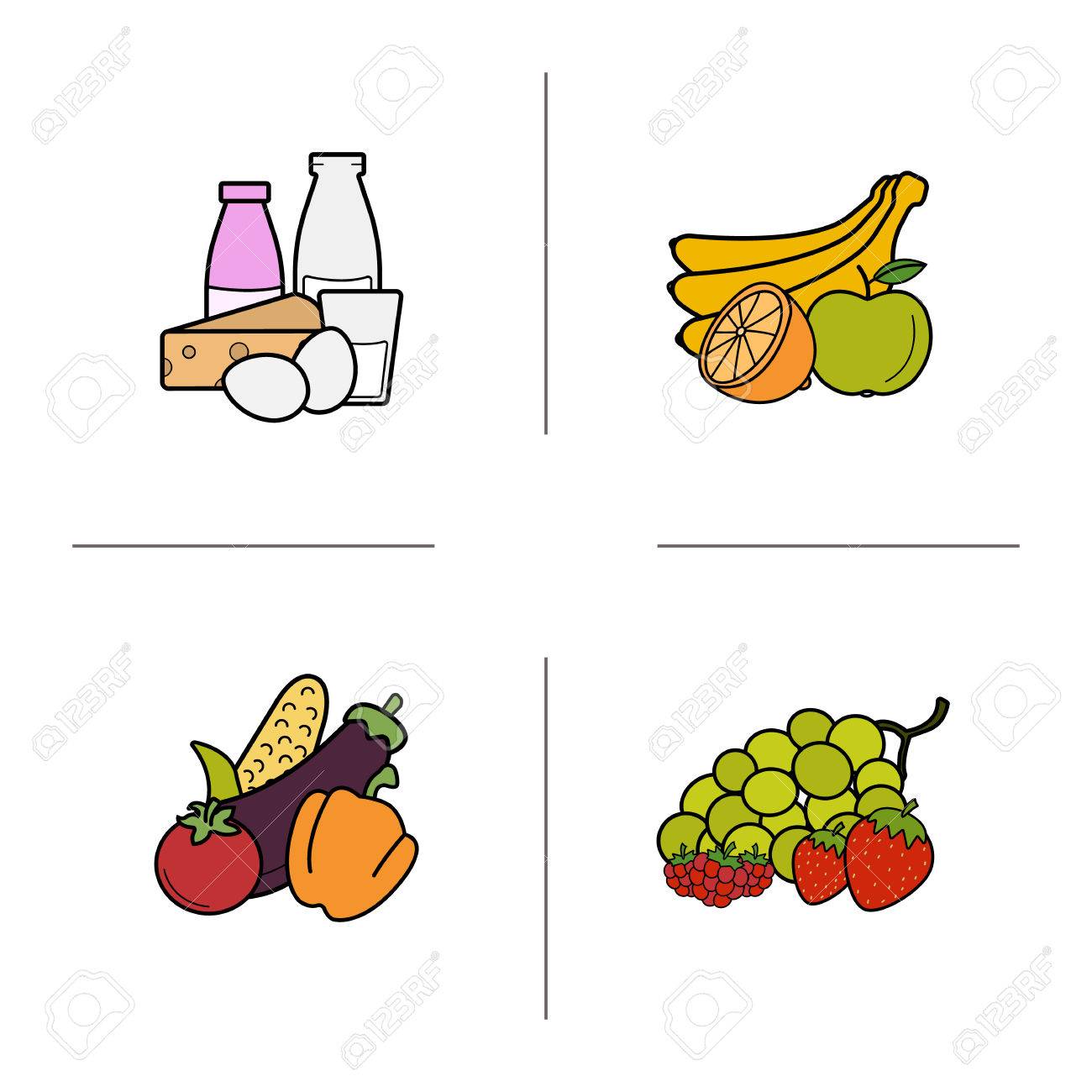 Lebensmittelgeschaft Produkte Kategorien Farbe Symbole Gesetzt Obst Gemuse Beeren Milchprodukte Isolierte Vektor Illustrationen Lizenzfrei Nutzbare Vektorgrafiken Clip Arts Illustrationen Image