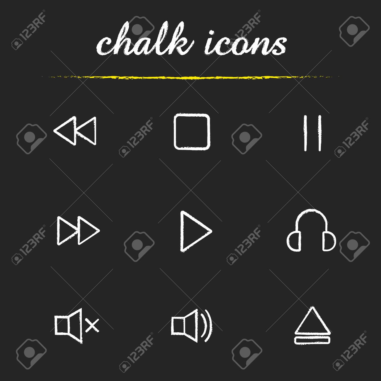 音楽プレーヤー インターフェイス チョークのアイコンを設定します 次 前 停止 一時停止 耳を傾ける 再生 ミュートのオン オフ ファイルを開くボタン オーディオ プレーヤーの分離ベクトル黒板のイラストのイラスト素材 ベクタ Image