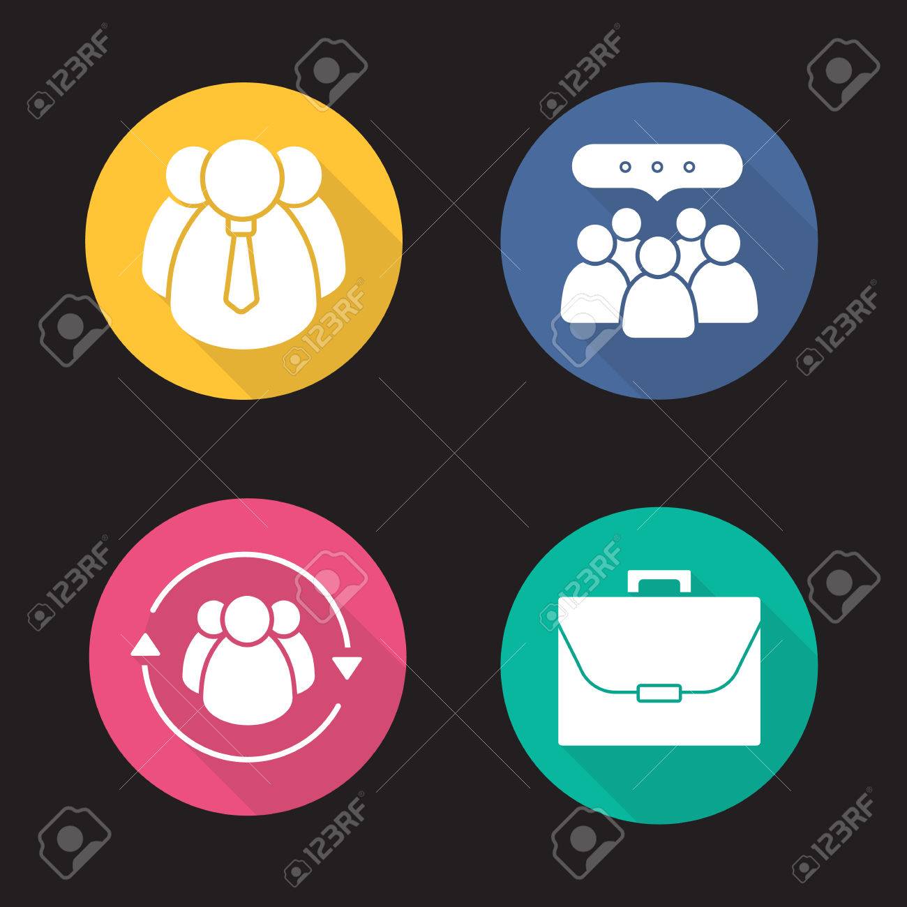 ビジネス概念フラット デザイン長い影アイコンを設定します 会社の従業員 チームワーク リーダーシップ チームのコミュニケーション ブリーフケース ベクター シルエット イラスト のイラスト素材 ベクタ Image