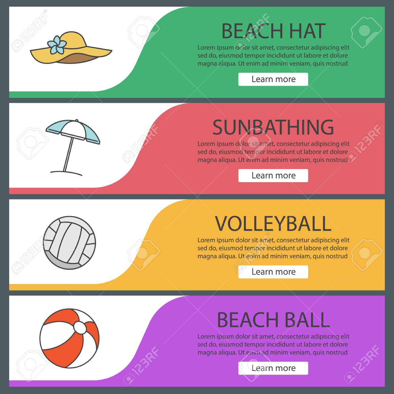 summer banner templates set beach umbrella hat volleyball