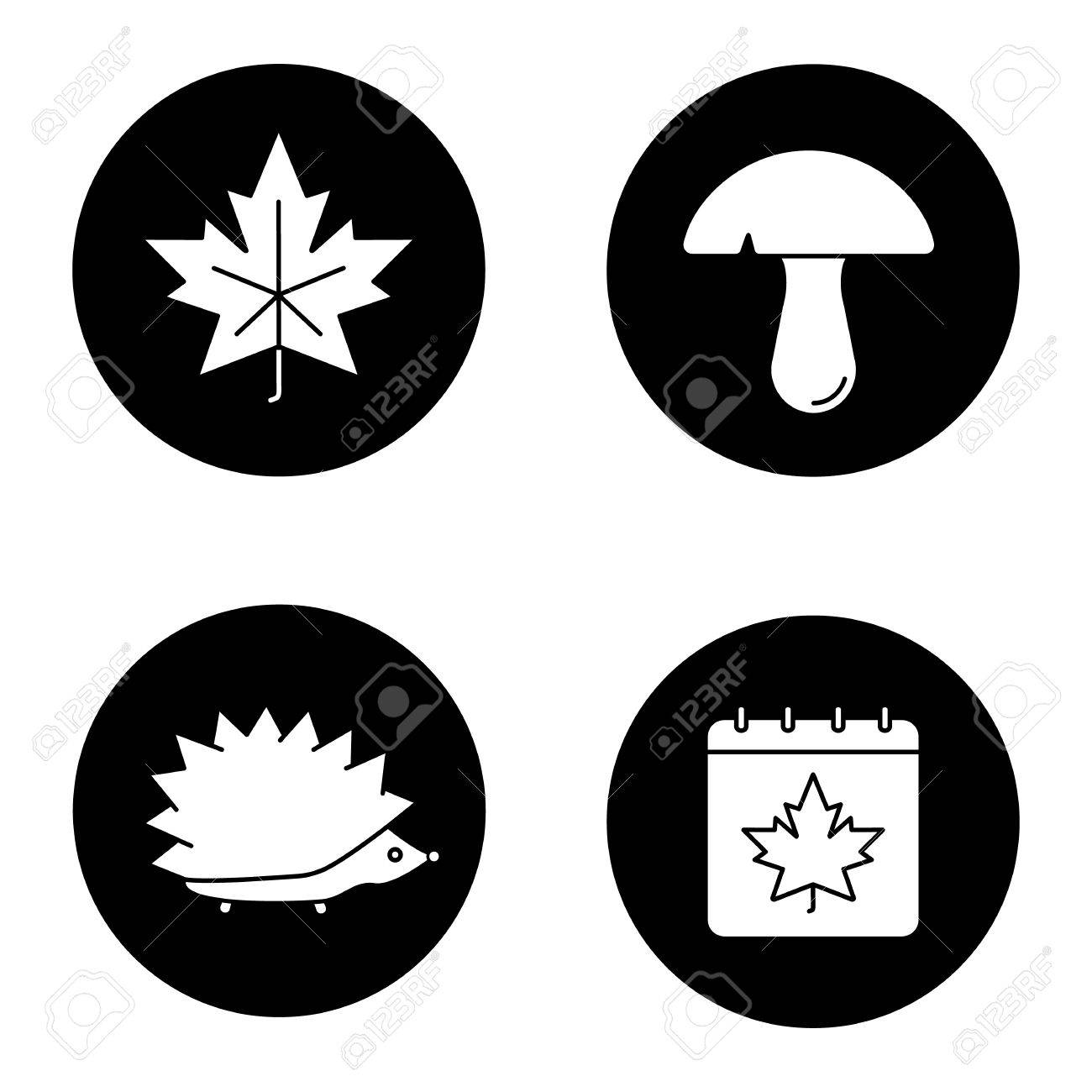 秋の季節にグリフ アイコンを設定します メープル リーフ キノコ ハリネズミ 秋のカレンダー ベクトル ホワイト シルエット ブラック サークルの イラストのイラスト素材 ベクタ Image 81739346