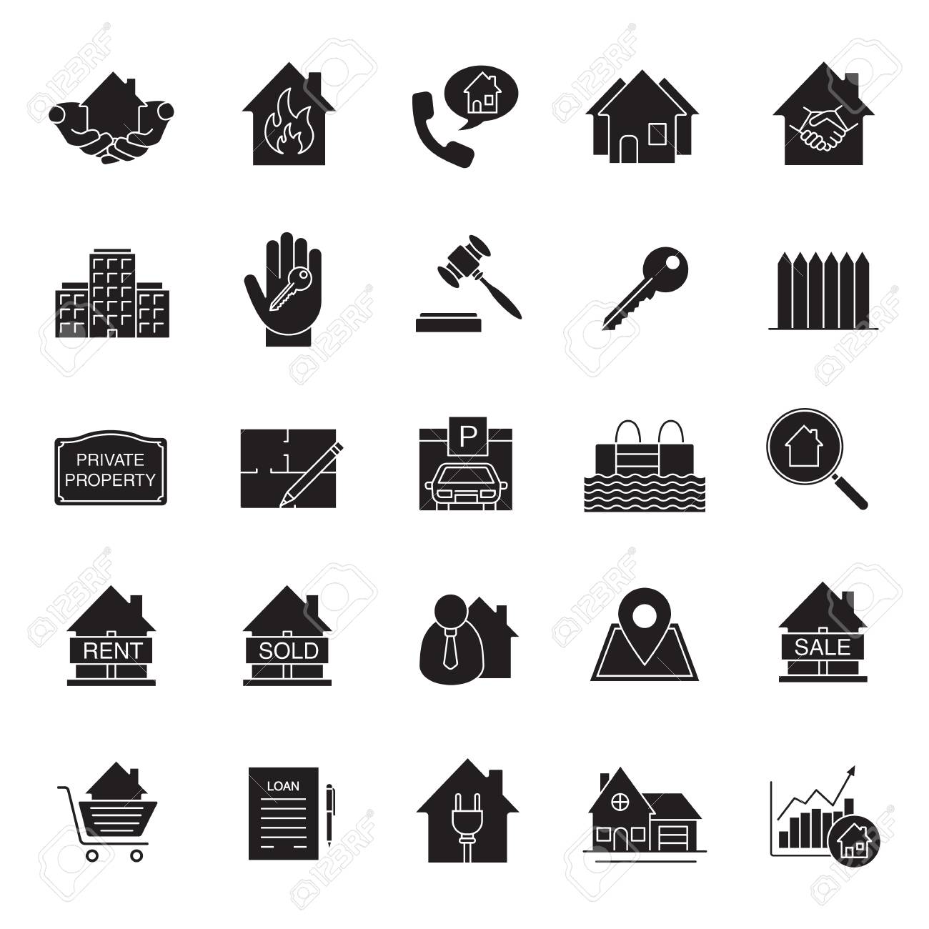 不動産市場のグリフ アイコンを設定します プロパティ開発のシルエットのシンボル ビジネスの構築 家 家 青写真 賃貸売買サイン 分離したベクトル図の イラスト素材 ベクタ Image