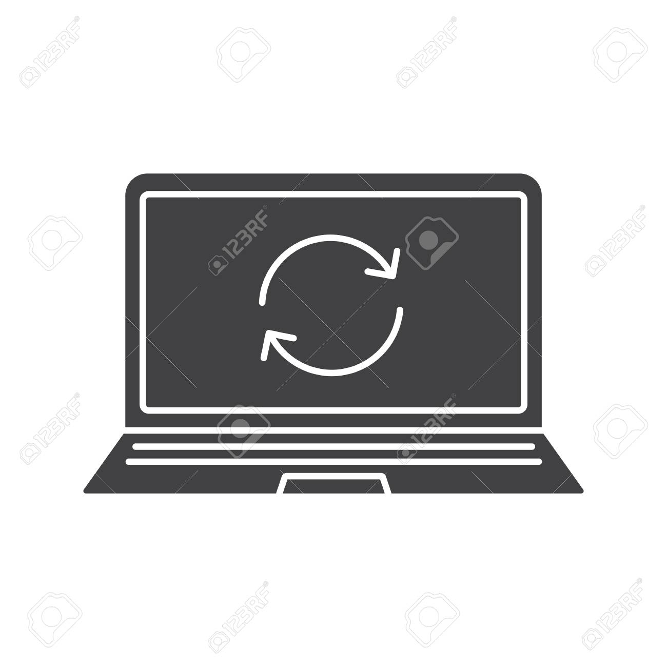 ノート パソコンは グリフ アイコンを再起動 シルエットのシンボル サイクリングの矢印の付いたノート 再起動します 否定的なスペース 分離したベクトル図のイラスト素材 ベクタ Image