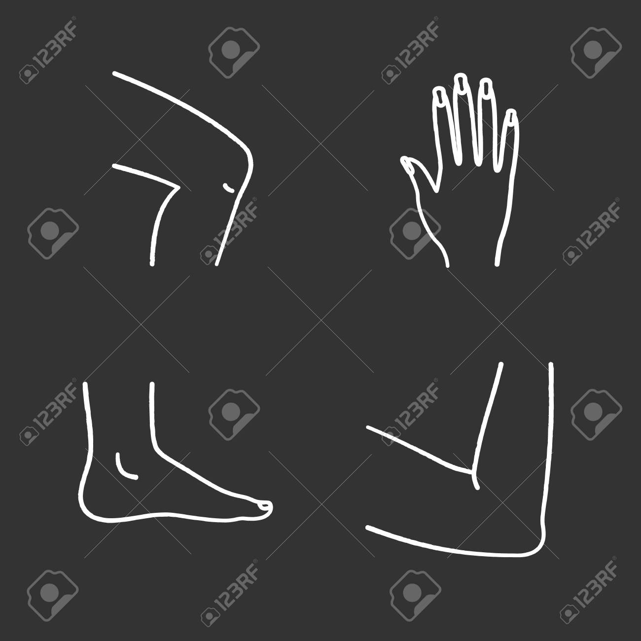 人体パーツチョークアイコンセット 膝 手 足 肘関節 孤立したベクトル黒板のイラストのイラスト素材 ベクタ Image