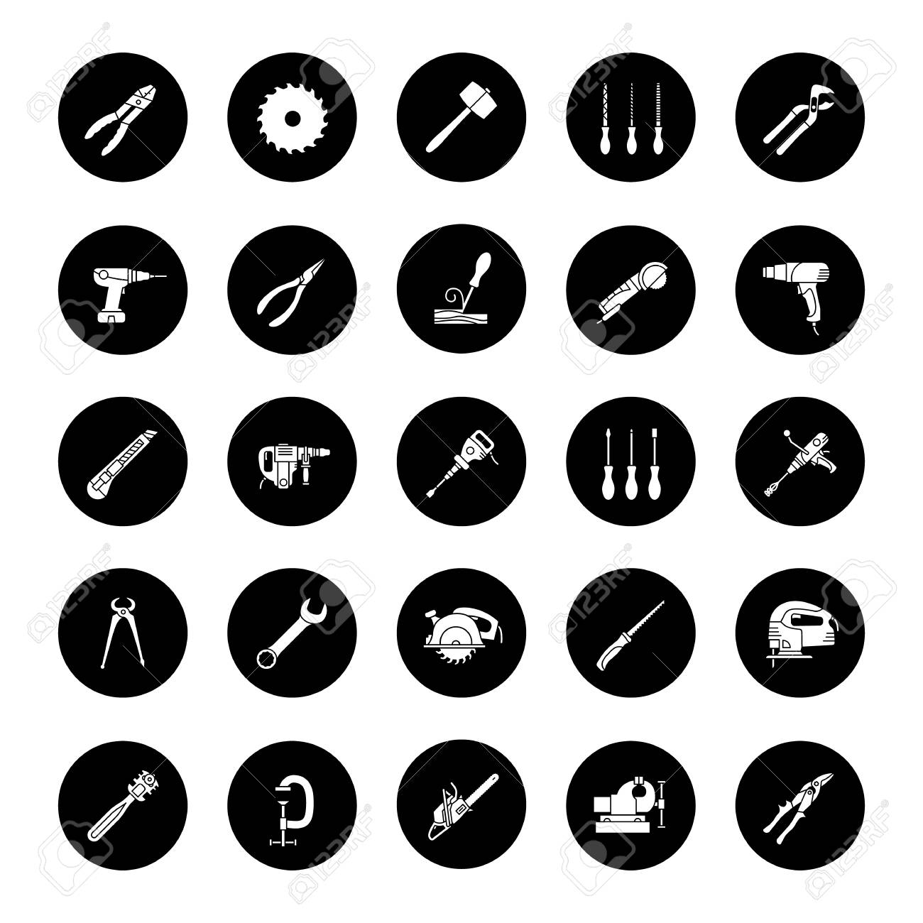 コンストラクション ツールグリフ アイコンセット リノベーションおよび修理機器 ガラスカッター コンビネーションペンチ ヒートガン ウッドノミ 黒い円のベクトルホワイトシルエットイラストのイラスト素材 ベクタ Image