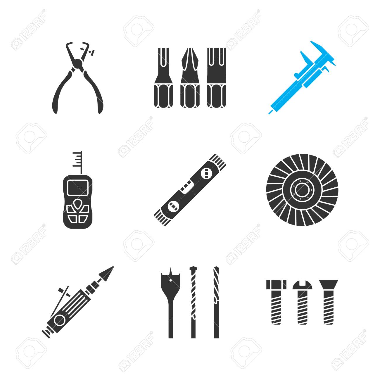 Construction tools glyph icons set. Screwdriver bits, slide gauge, vernier caliper, digital tape measure, spirit level, abrasive flap wheel. Silhouette symbols. Vector isolated illustration - 93566334 Construction tools glyph icons set. Screwdriver bits, slide gauge, vernier caliper, digital tape measure, spirit level, abrasive flap wheel. Silhouette symbols. Vector isolated illustration - 93566334