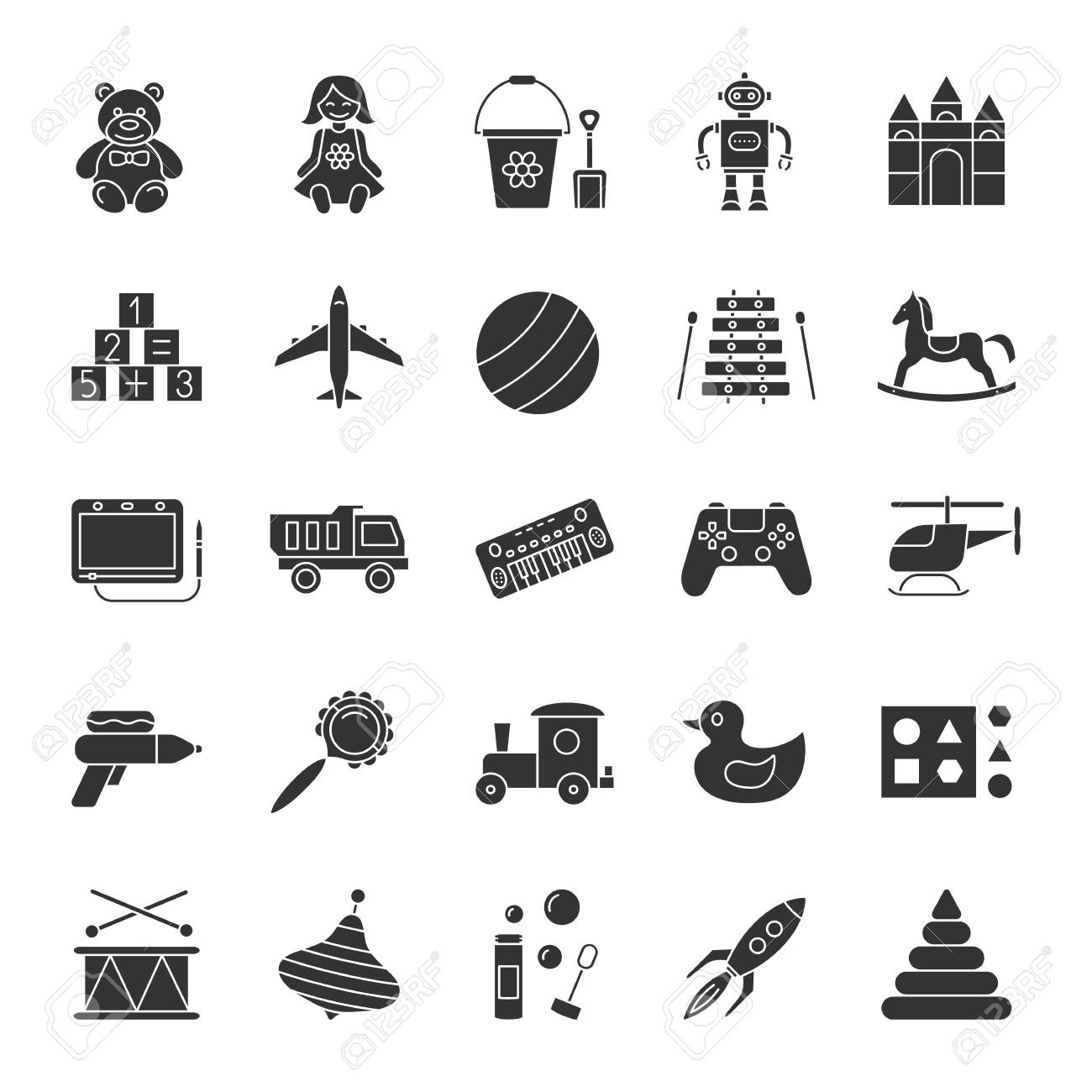 キッズトイグリフアイコンセット 教育ゲーム シルエット記号 子供向けのエンターテイメント ベクトル分離図 のイラスト素材 ベクタ Image