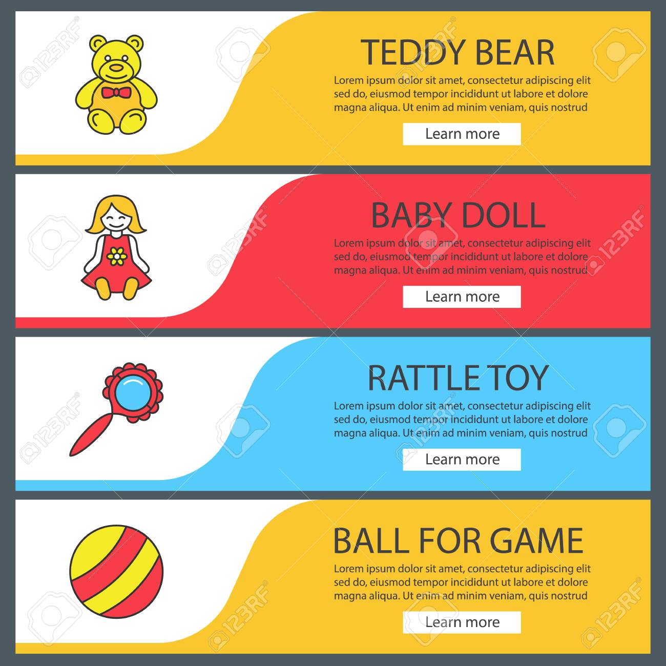 kids toys web banner templates set teddy bear baby doll rattle