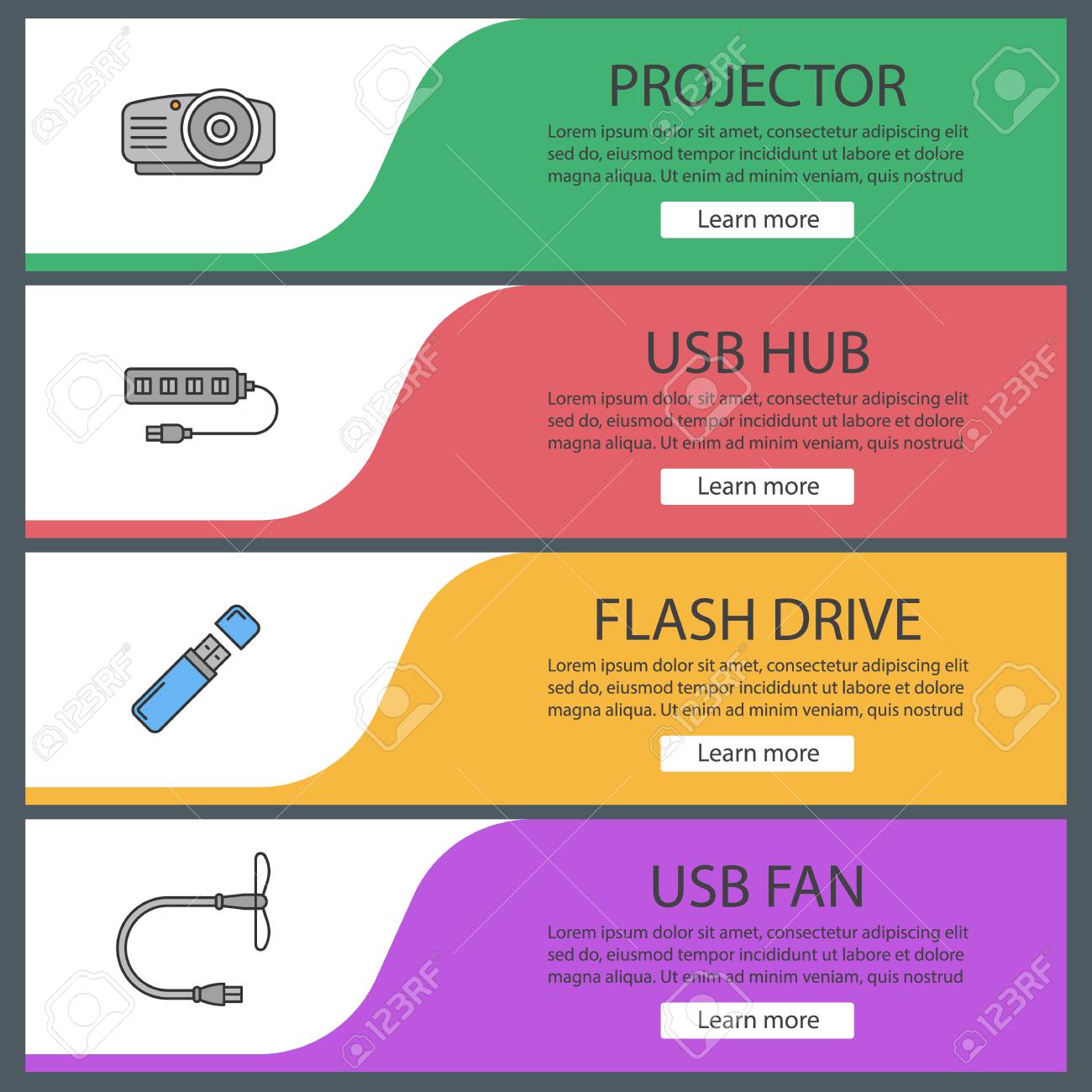 Gadgets Web Banner Templates Set Usb Hub Flash Drive Fan