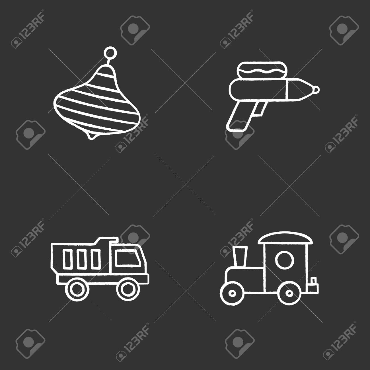 子供のおもちゃチョークアイコンセット ハミングトップ 水銃 おもちゃのトラックや列車 隔離ベクトル黒板のイラスト のイラスト素材 ベクタ Image