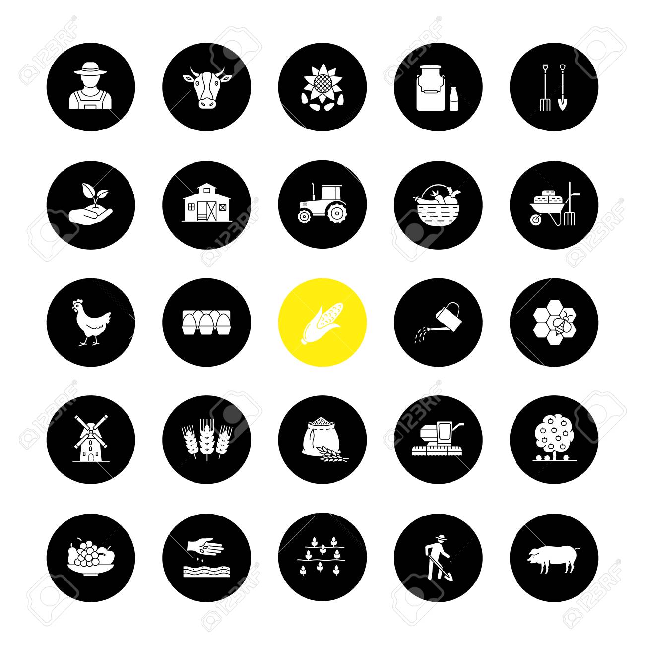 農業グリフアイコンセット 農業 農業用具 黒い円のベクトル白いシルエットイラスト のイラスト素材 ベクタ Image