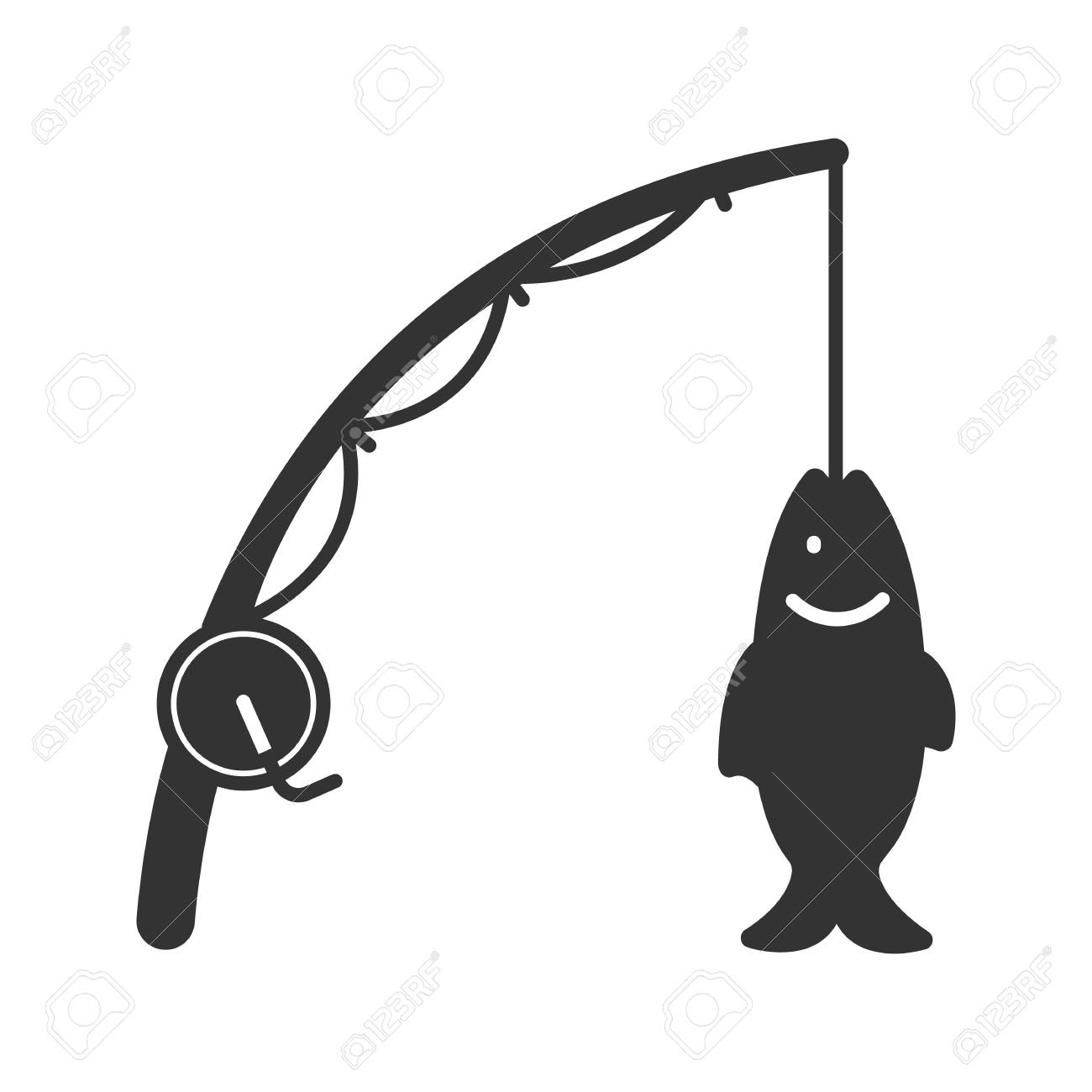 Spinning Rod With Fish Glyph Icon. Silhouette Symbol. Negative