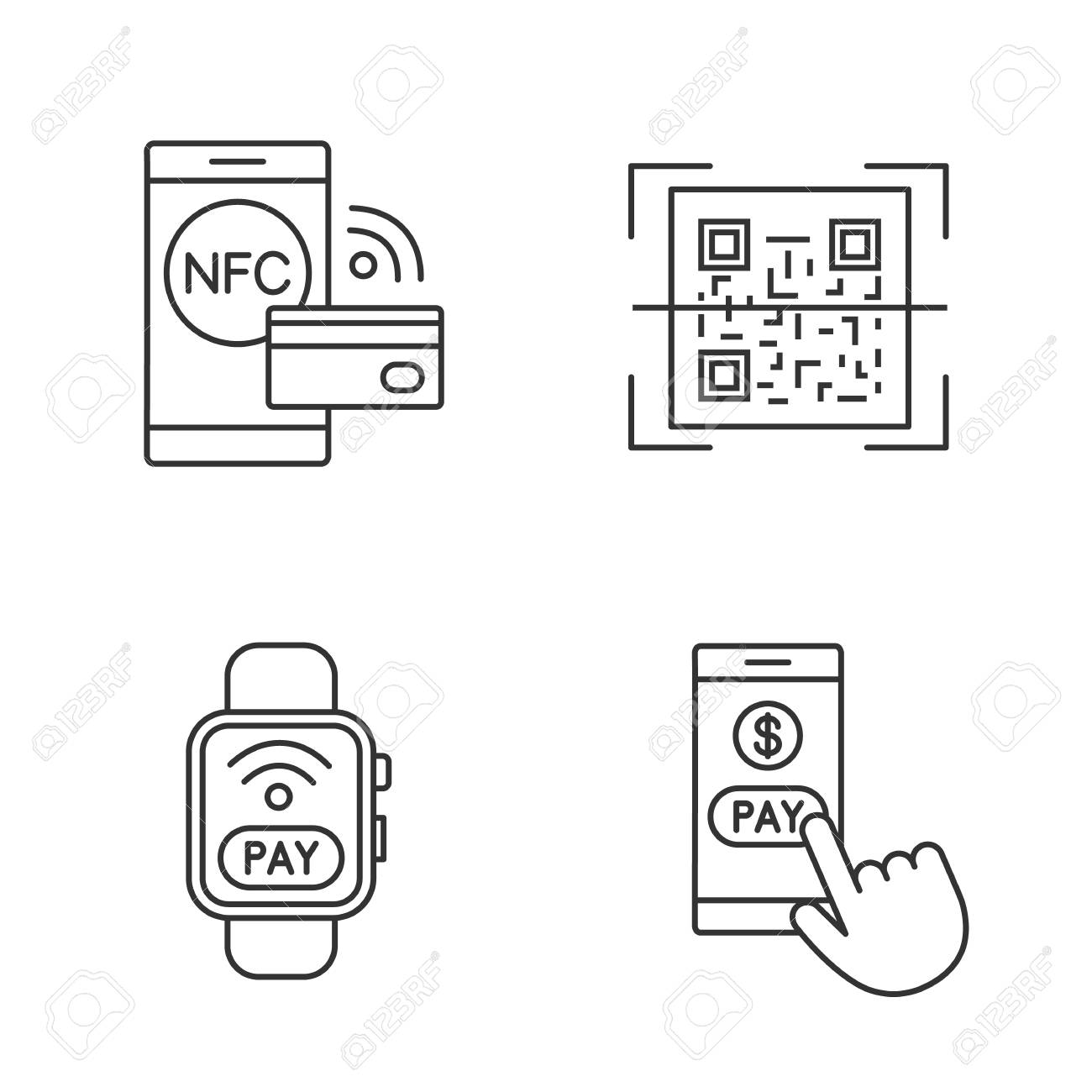 E Payment Linear Icons Set Pay With Smartphone Nfc Smartwatch Qr Code Scanner Contactless Payment Thin Line Contour Symbols Isolated Vector Outline Illustrations Editable Stroke Royalty Free Cliparts Vectors And Stock Illustration Image