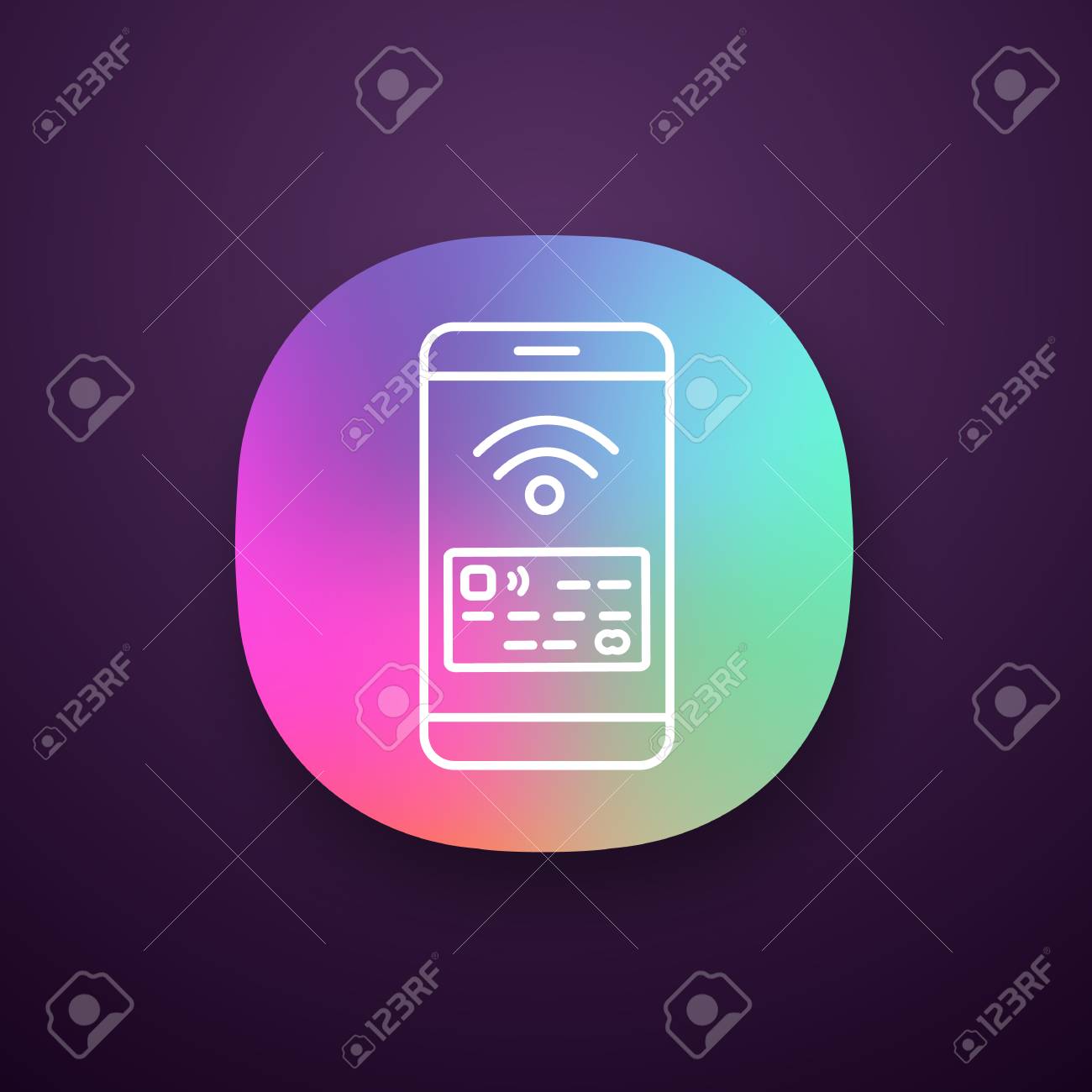 NFC 스마트폰 신호 앱 아이콘입니다. NFC 전화. UI/UX 사용자 인터페이스. 휴대폰 비접촉식 결제. 신용 카드가 있는 전화  화면. 웹 또는 모바일 애플리케이션. 벡터 격리 된 그림 로열티 무료 사진, 그림, 이미지 그리고