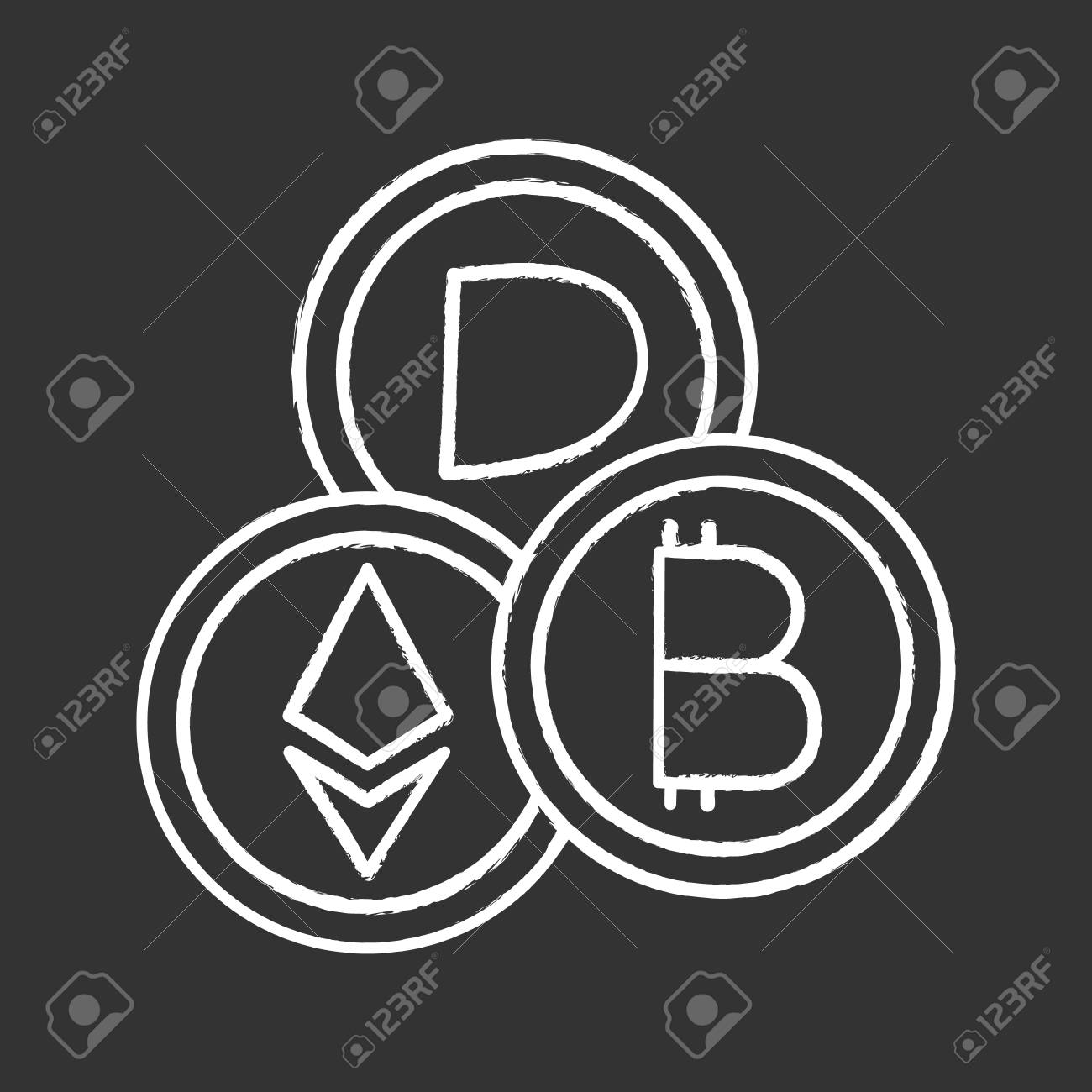 暗号通貨チョークアイコン。デジタルマネー。電子支払い。暗号通貨。ビットコイン、イーテリアム、ダッシュ。電子マネー。単離ベクトル黒板イラストのイラスト素材・ベクター  Image 111515863