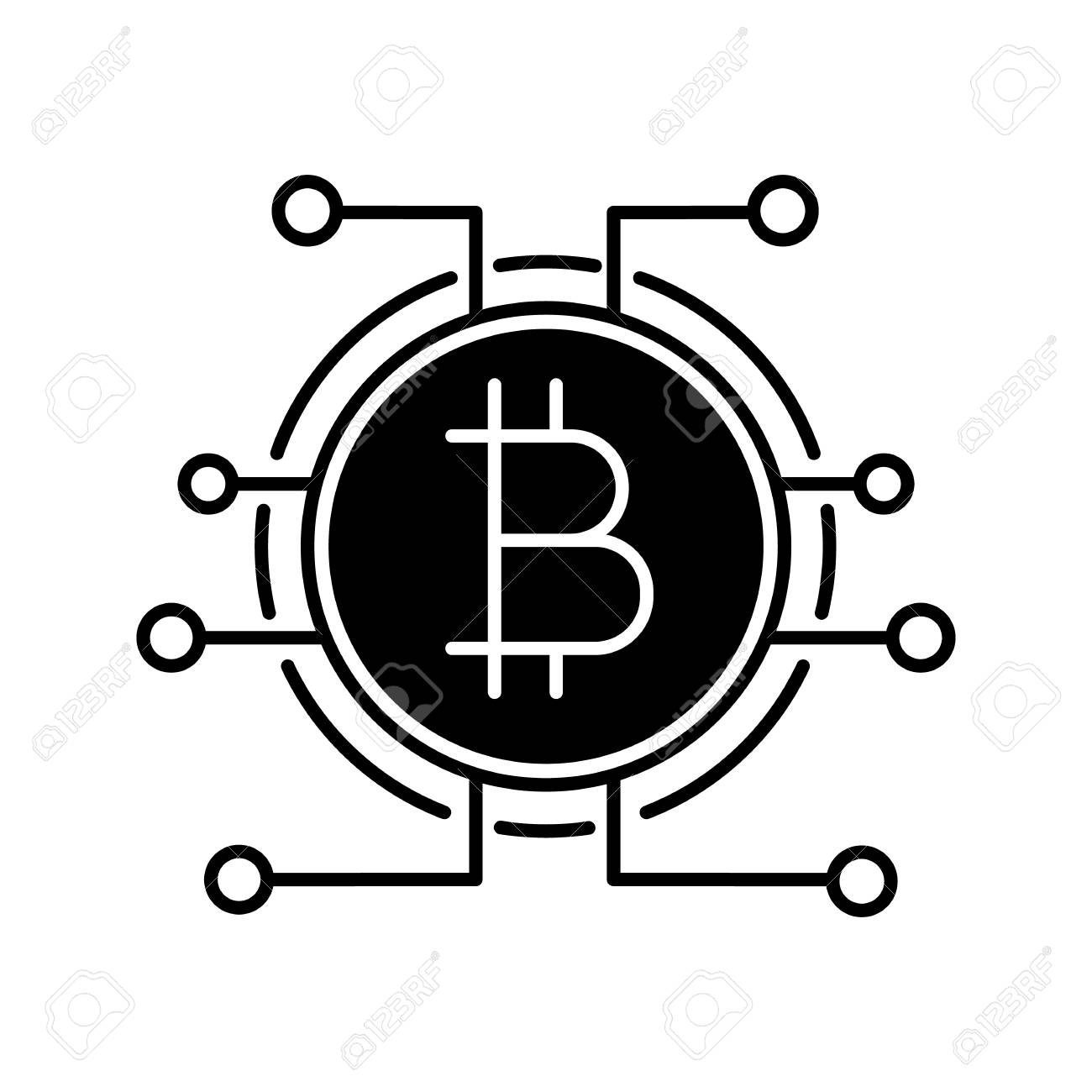 비트코인 글리프 아이콘입니다. 가상 화폐. 온라인 뱅킹. 실루엣 기호입니다. 비트코인 결제. 등고선 기호입니다. 내부에 동전이 있는  마이크로칩 경로. 부정적인 공간. 벡터 격리 된 그림 로열티 무료 사진, 그림, 이미지 그리고 스톡포토그래피. Image