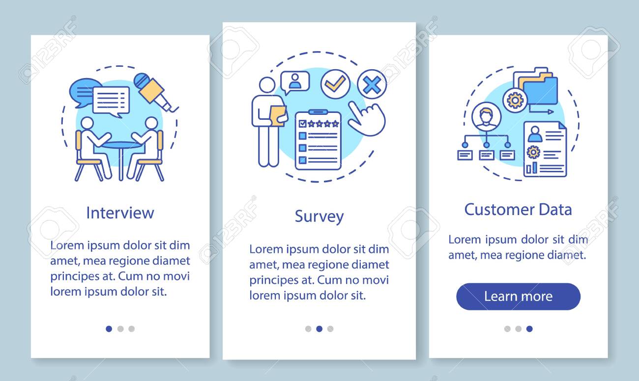 Customers profile methods onboarding mobile app page screen with linear concepts. Interview, survey, customer data walkthrough steps, instructions. UX, UI, GUI vector template with illustrations - 129558036 Customers profile methods onboarding mobile app page screen with linear concepts. Interview, survey, customer data walkthrough steps, instructions. UX, UI, GUI vector template with illustrations - 129558036