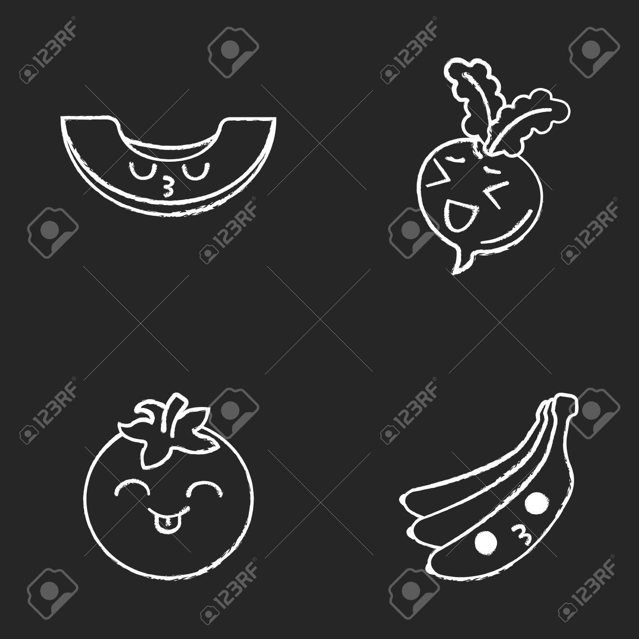 かわいい野菜や果物可愛いチョークキャラクターセット トマト バナナとメロンにキス 笑顔でビートルートを笑う 面白い絵文字 絵文字 笑顔 ベクター分離黒板のイラスト のイラスト素材 ベクタ Image