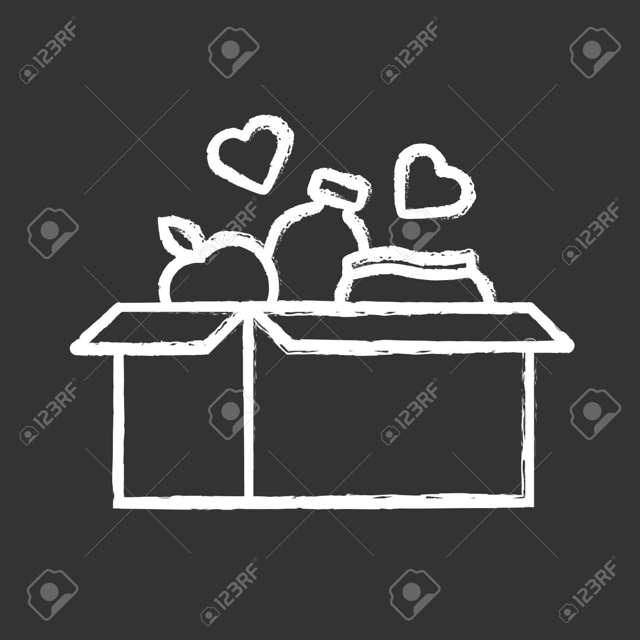 Food donations chalk icon. Charity food collection. Box with meal, hearts. Humanitarian volunteer activity. Helping people in need. Hunger support program. Isolated vector chalkboard illustration - 129559056 Food donations chalk icon. Charity food collection. Box with meal, hearts. Humanitarian volunteer activity. Helping people in need. Hunger support program. Isolated vector chalkboard illustration - 129559056
