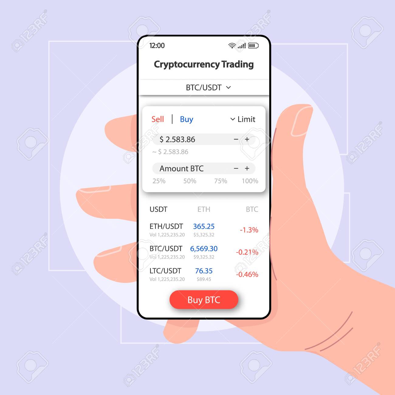 Cryptocurrency 균형 스마트폰 인터페이스 벡터 템플릿입니다. 모바일 앱 페이지 흰색 디자인 레이아웃입니다. 비트코인 계정  화면. 응용 프로그램에 대한 평면 UI. 디스플레이에 BTC에서 USDT로의 환율이 표시된 손을 잡고 휴대전화 로열티 무료 사진, 그림,