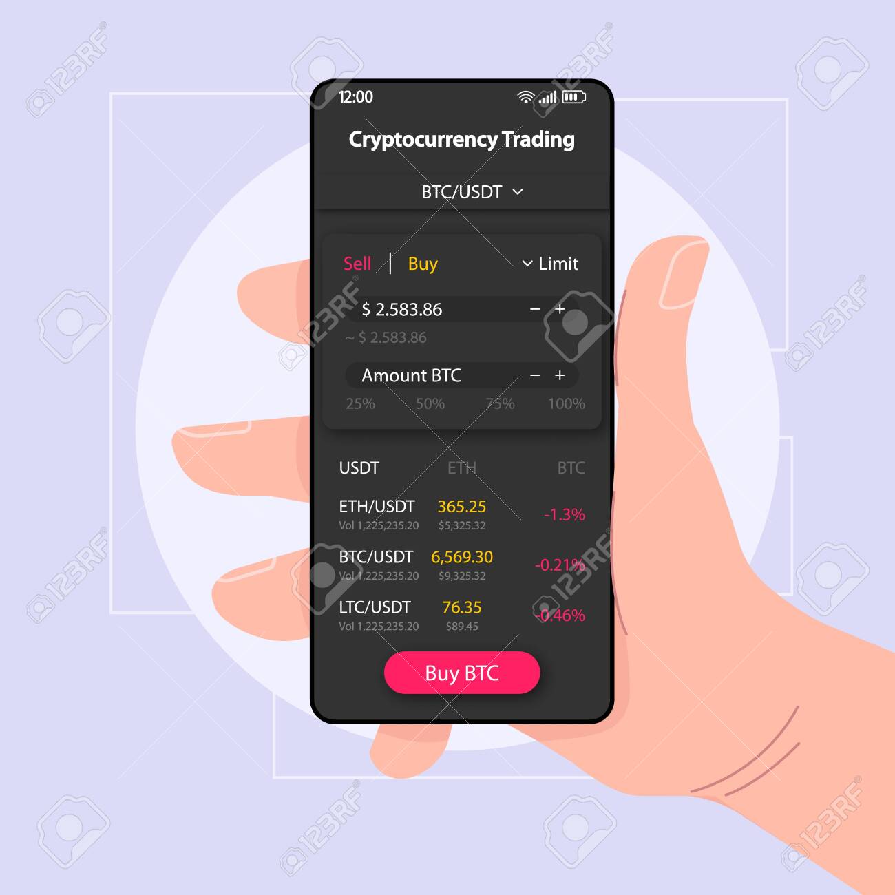 Bitcoin Trading Smartphone Interface Vector Template. Mobile App Page Black  Design Layout. Cryptocurrency Balance Screen. Flat UI For Application. Hand  Holding Phone With BTC Amount On Display Royalty Free SVG, Cliparts,  Vectors,