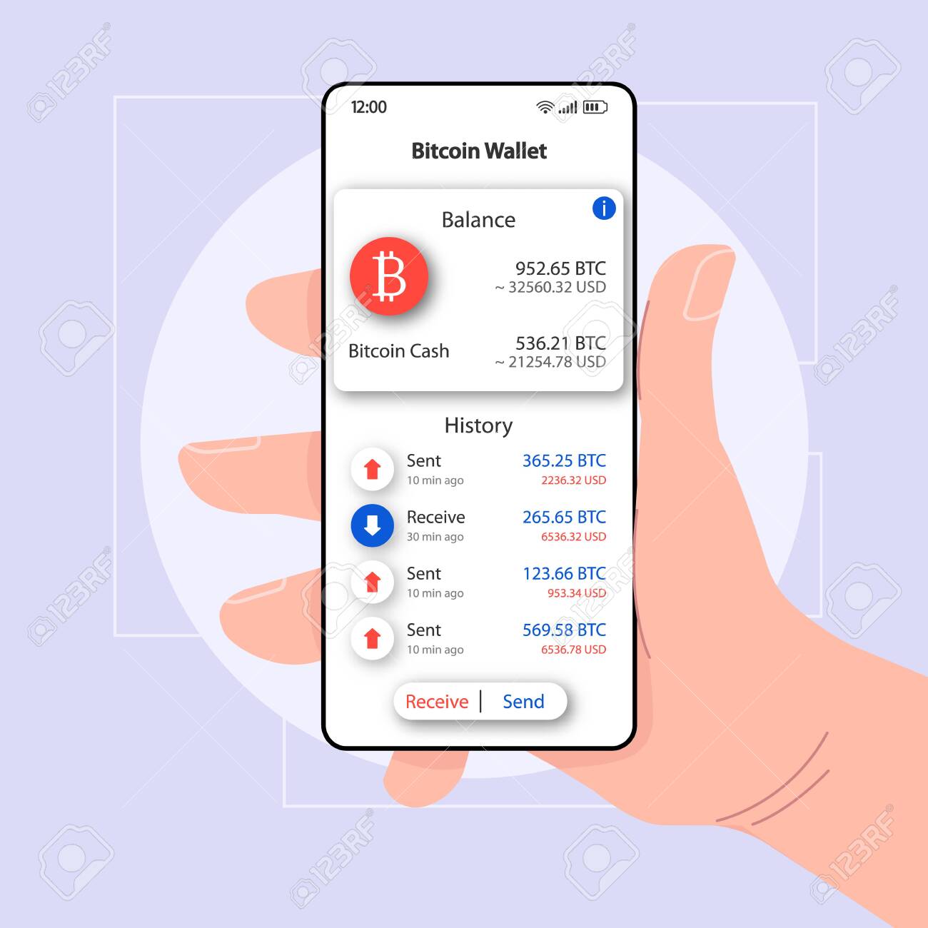 Plantilla De Vector De Interfaz De Teléfono Inteligente De Billetera De  Saldo De Bitcoin. Diseño De Página De Aplicación Móvil En Blanco. Pantalla  De Dinero Enviado Y Recibido. Interfaz De Usuario Plana