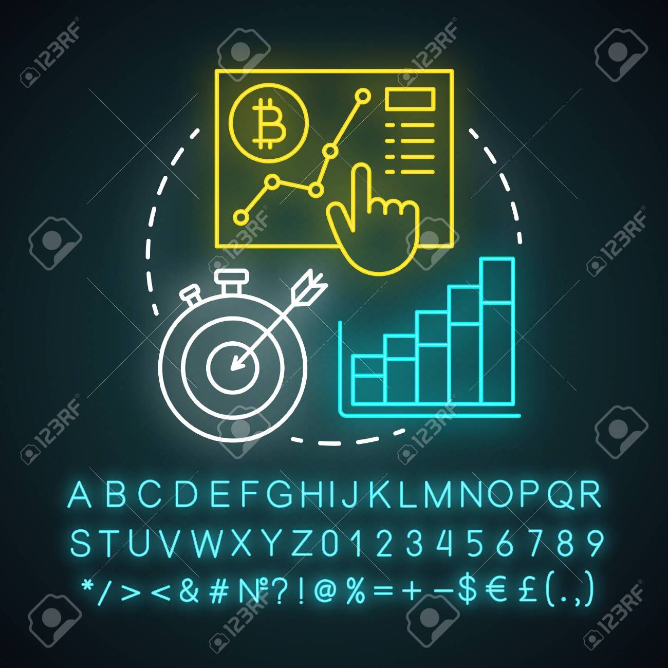 Cryptocurrency 거래 네온 라이트 컨셉 아이콘입니다. 가격 움직임 아이디어에 추측. 시장 공략 전략. 알파벳, 숫자 및  기호로 빛나는 기호. 벡터 격리 된 그림 로열티 무료 사진, 그림, 이미지 그리고 스톡포토그래피. Image 130209817
