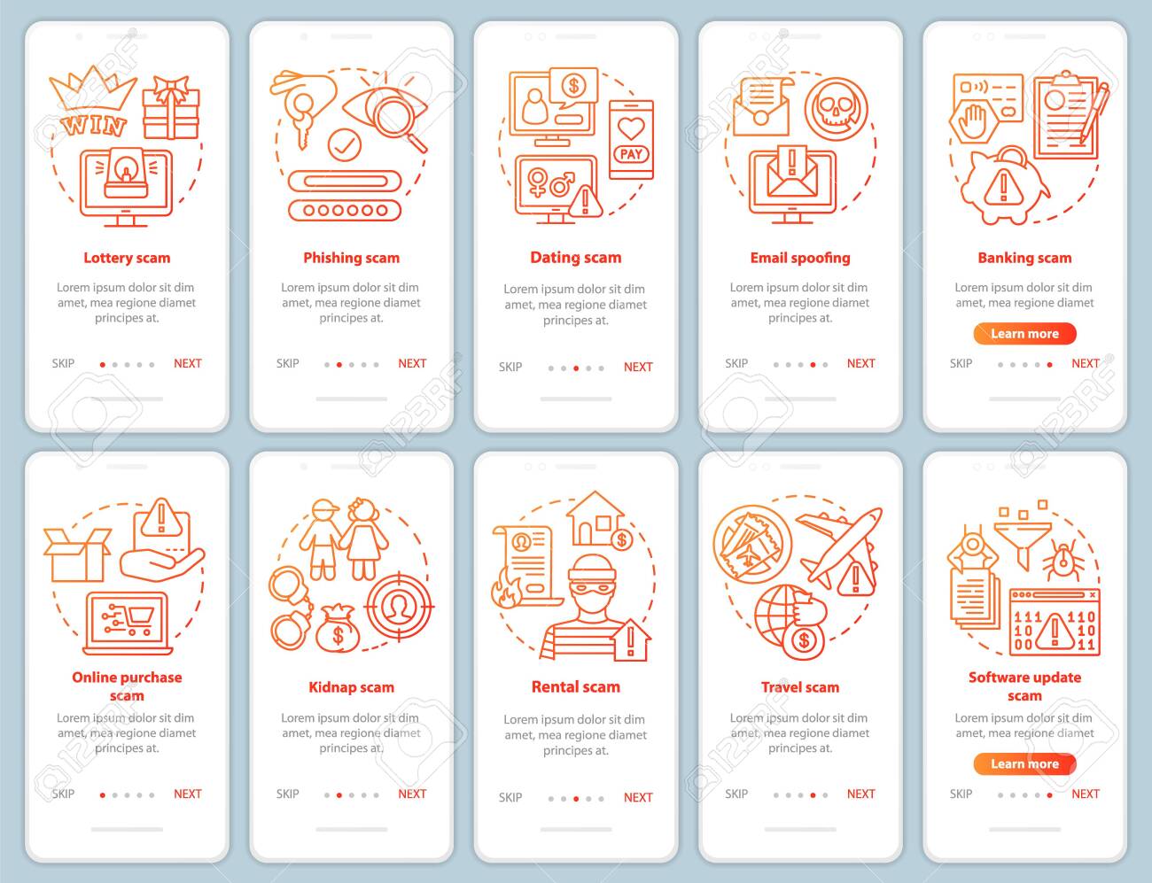사기 유형 온보딩 모바일 앱 페이지 화면 벡터 템플릿. 이메일 스푸핑. 선형 삽화가 포함된 연습 웹 사이트 단계. 여행, 은행 사기.  UX, UI, GUI 스마트폰 인터페이스 개념 로열티 무료 사진, 그림, 이미지