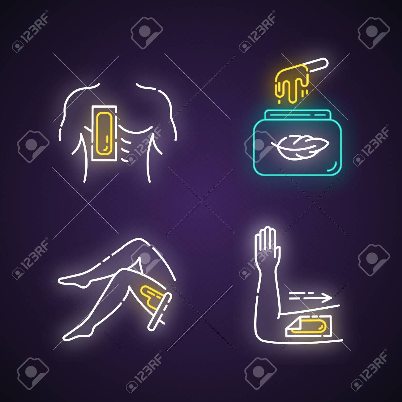 Soft Waxing Neon Light Icons Set Chest Leg Arm Hair Removal