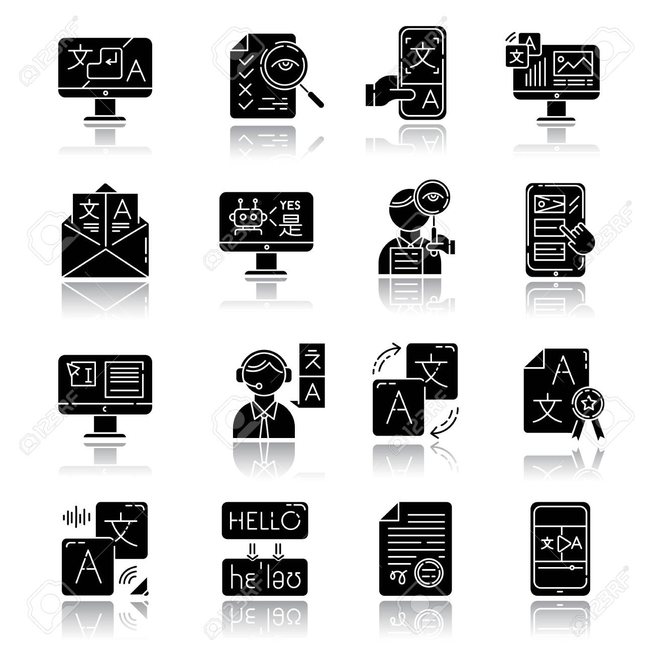 Language translation service drop shadow black glyph icons set. Instant translation. Audio, video interpretation. Multilingual app, chatbot. Transcription, proofreading. Isolated vector illustrations - 133528204 Language translation service drop shadow black glyph icons set. Instant translation. Audio, video interpretation. Multilingual app, chatbot. Transcription, proofreading. Isolated vector illustrations - 133528204