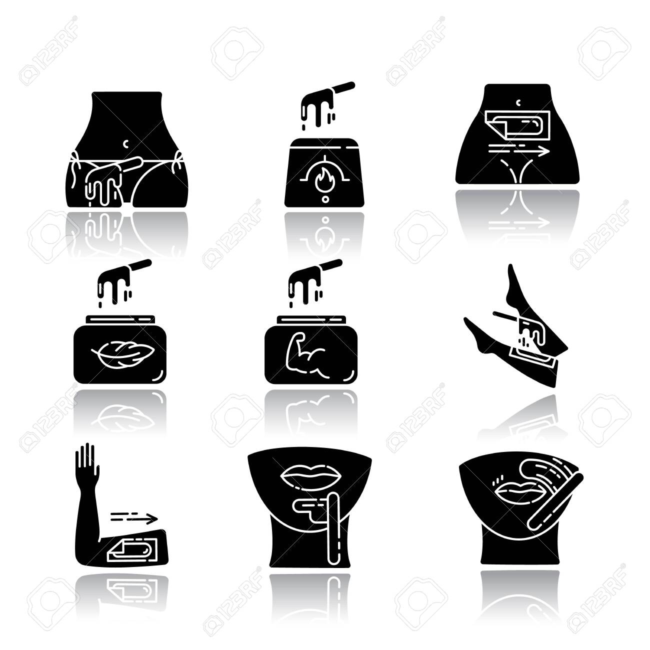 Waxing Drop Shadow Black Glyph Icons Set Bikini Leg Upper