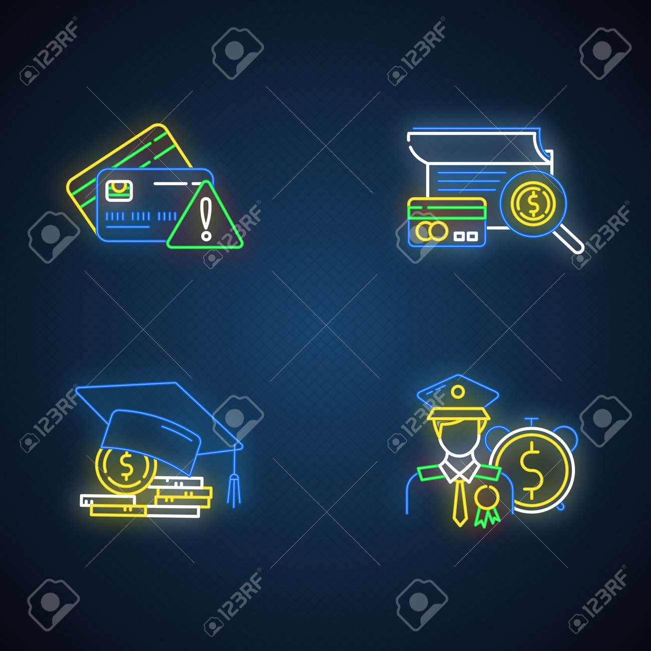 크레딧 네온 라이트 아이콘이 설정되었습니다. 학생 및 퇴역 군인 대출. 신용 카드 부채 위험. 대학 등록금. 등록금. 신용 관리자.  신용도 확인. 빛나는 표지판. 벡터 격리 삽화 로열티 무료 사진, 그림, 이미지 그리고