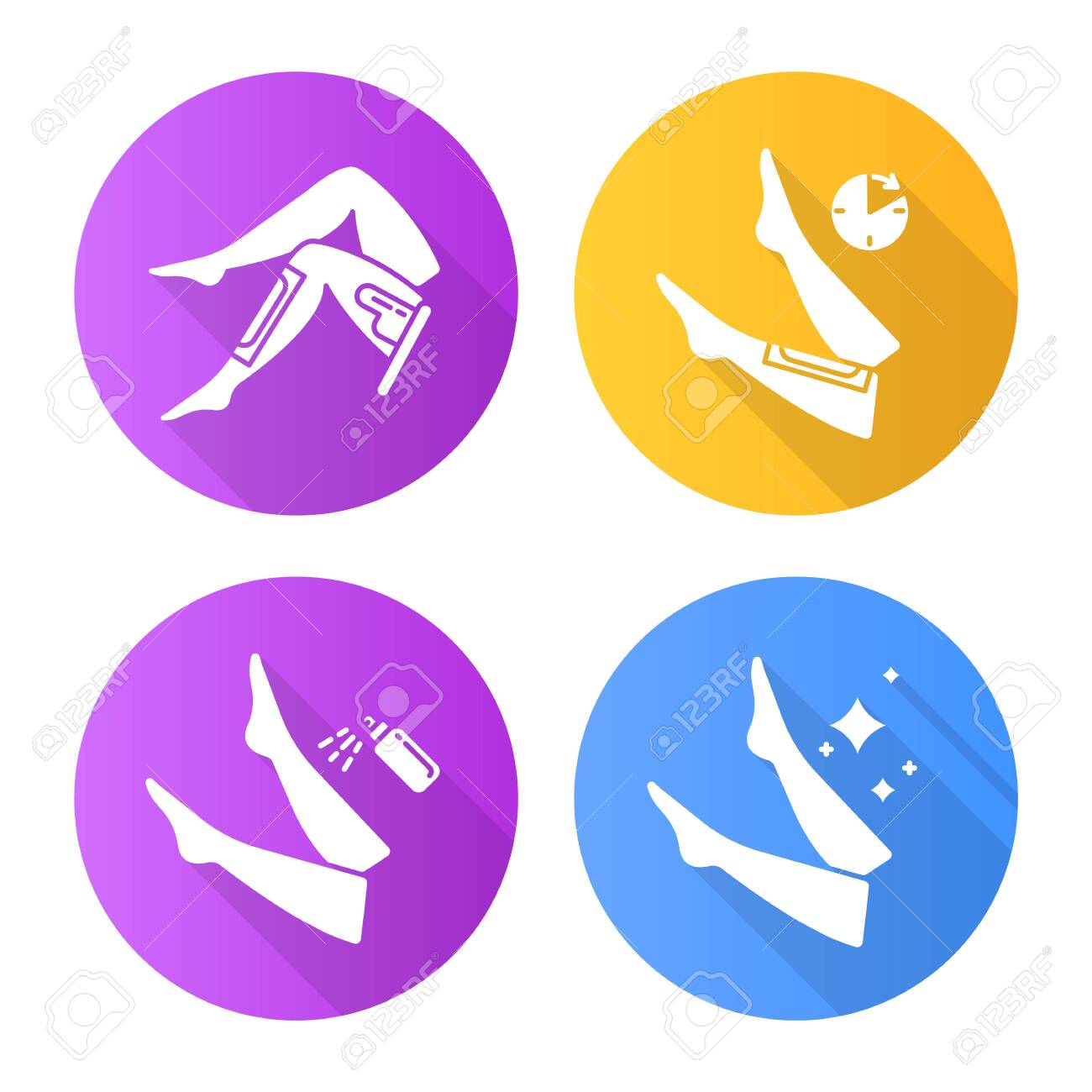 Leg Waxing Flat Design Long Shadow Glyph Icons Set Shin Hair Removal With Natural Wax Process Female Body Depilation Steps Professional Beauty Treatment At Home Vector Silhouette Illustration Royalty Free Cliparts Vectors