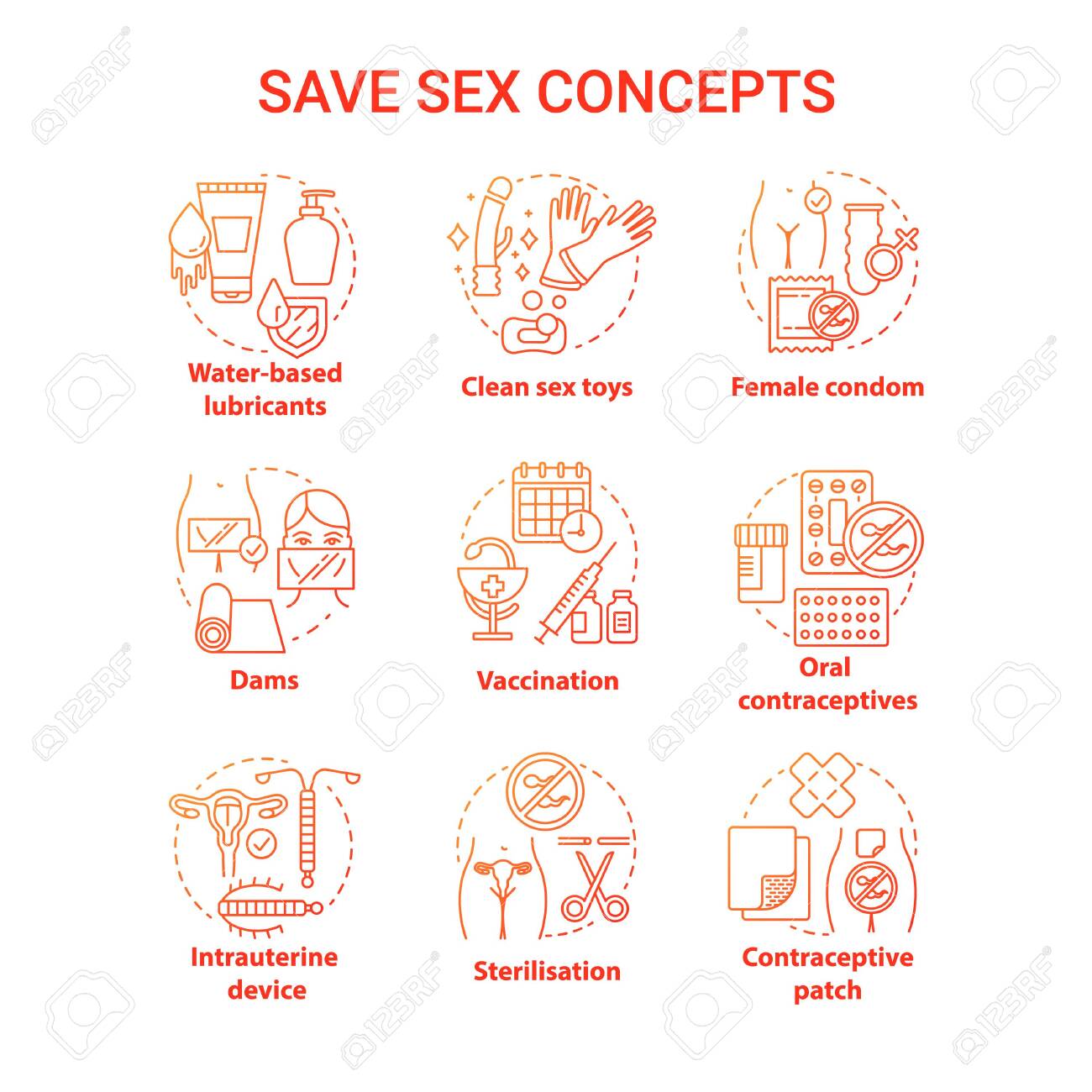 Safe Sex Red Concept Icons Set. Female Condom, Oral Contraceptive.  Vaccination, Sterilisation For Healthy Relationship Idea Thin Line  Illustrations. Vector Isolated Outline Drawings. Editable Stroke Royalty  Free SVG, Cliparts, Vectors, and Stock