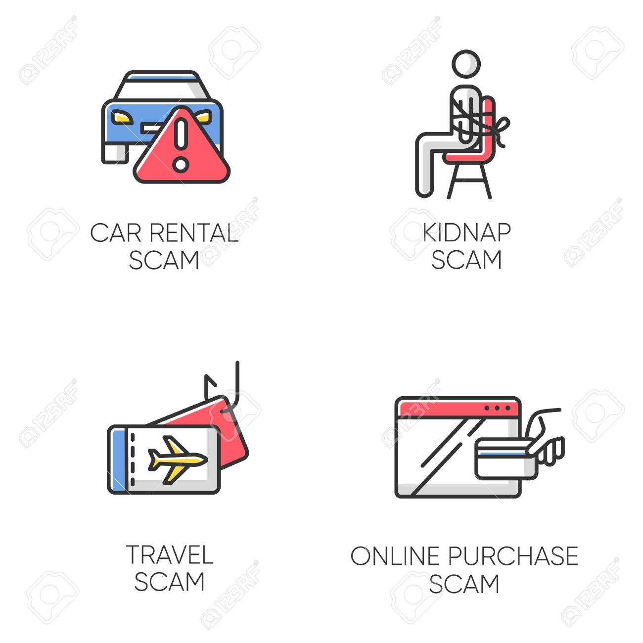 사기 유형 색상 아이콘 세트 렌터카 온라인 구매 사기 계획 유괴 여행 트릭 사이버 범죄 금융 사기 불법 돈벌이 고립된 벡터 일러스트  로열티 무료 사진, 그림, 이미지 그리고 스톡포토그래피. Image 134464709