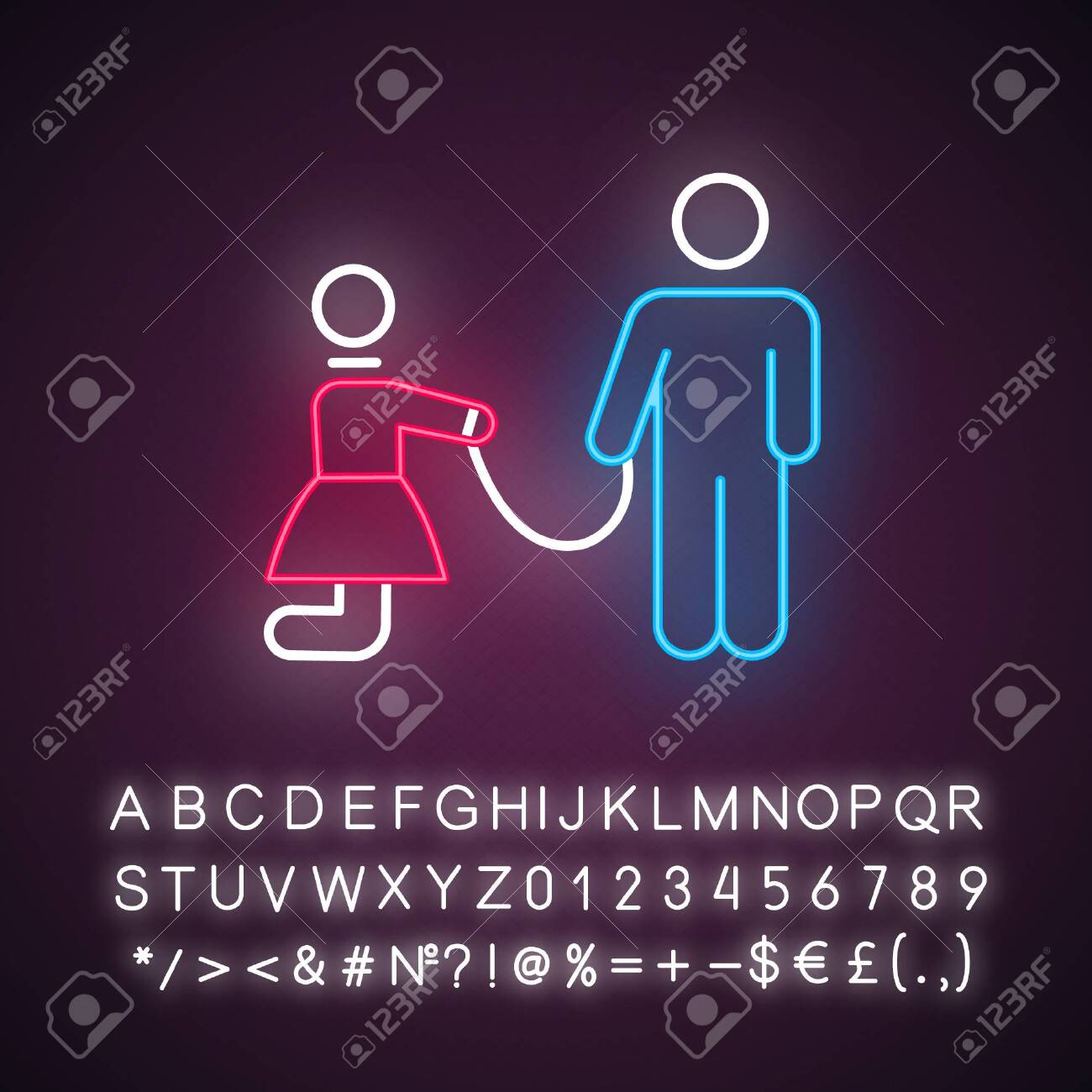 성 노예 네온 라이트 아이콘입니다. 여성 인권 침해. 학대하는 여자. 가죽 끈에 소녀입니다. 동의 없는 섹스. 알파벳, 숫자 및 기호가  있는 빛나는 기호. 벡터 격리 된 그림 로열티 무료 사진, 그림, 이미지